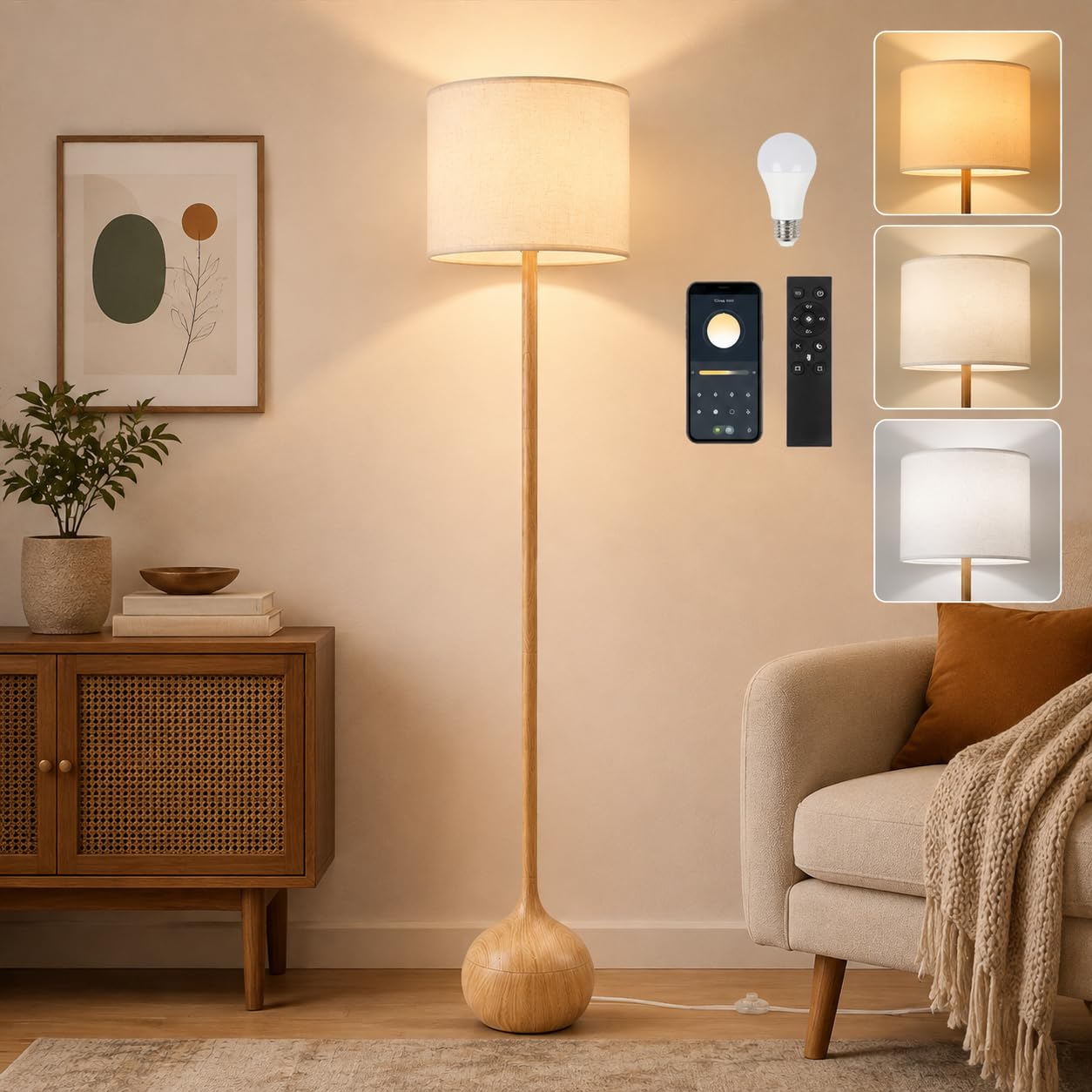 Stehlampe Wohnzimmer Holzoptik, Dimmbar Stehlampe mit Fernbedienung