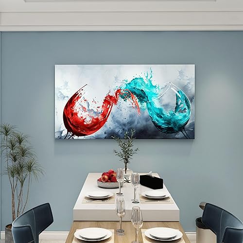 Miniatura 2 de Arte en lienzo de colisiones de copas de vino azul y rojo  24 x 48 pulgadas  Decoración moderna de cocina y comedor  Pintura abstracta de copa de