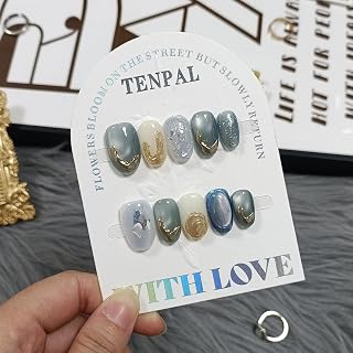 Handmade Press On Nails With Tools,Jade Cat Eye Glossy Glitter Short Oval Fake Nails with Designs,Gold Relief Glue on Nails,Classic Elegant Light Green Acrylic Soft Gel False Nail Tips(S)