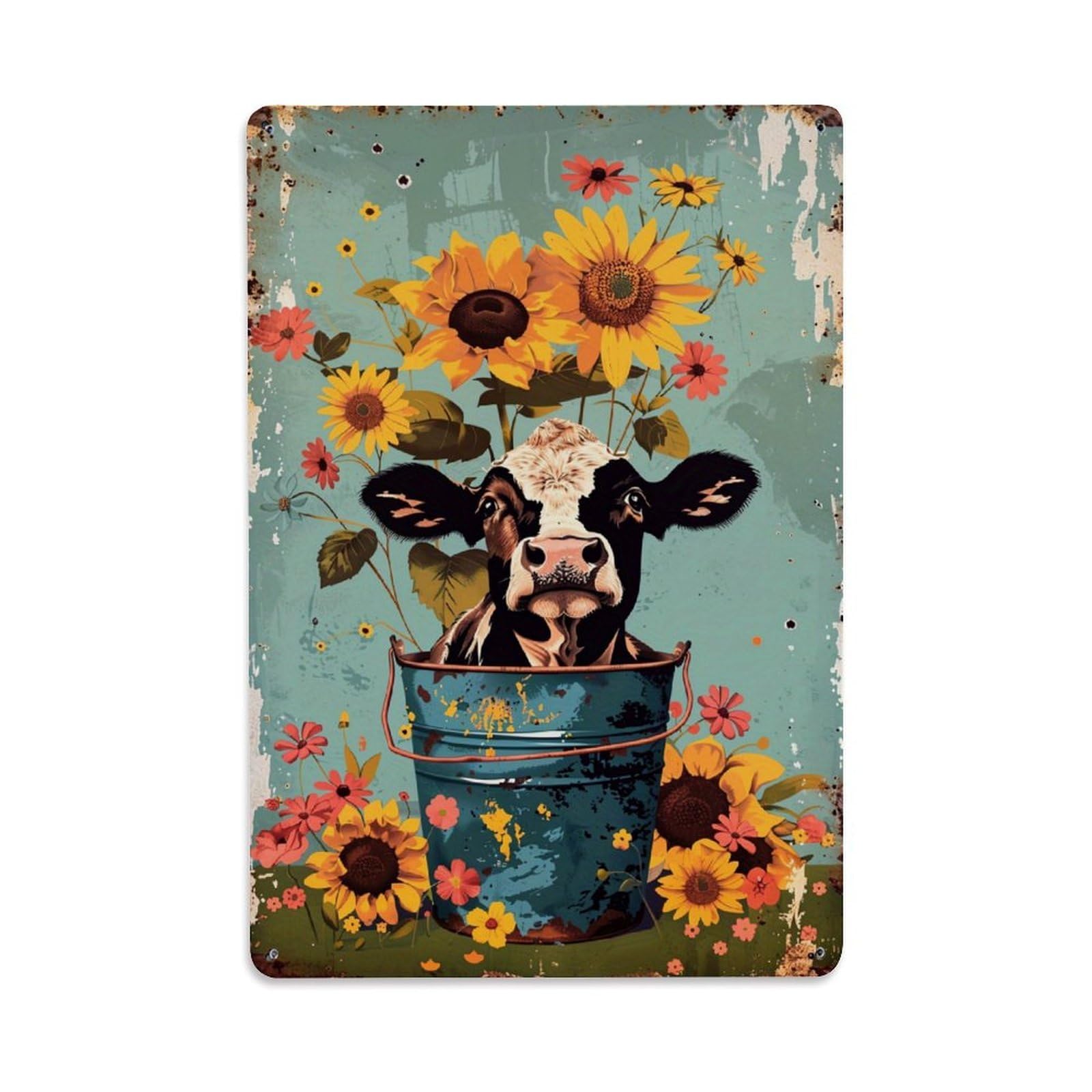 Cow In Bucket With Flowers Retro Metal Tin Sign, Vintage Decor Art Poster for Bar, Home, Man Cave, Kitchen, Laundry Room Gift 8x12Inch
