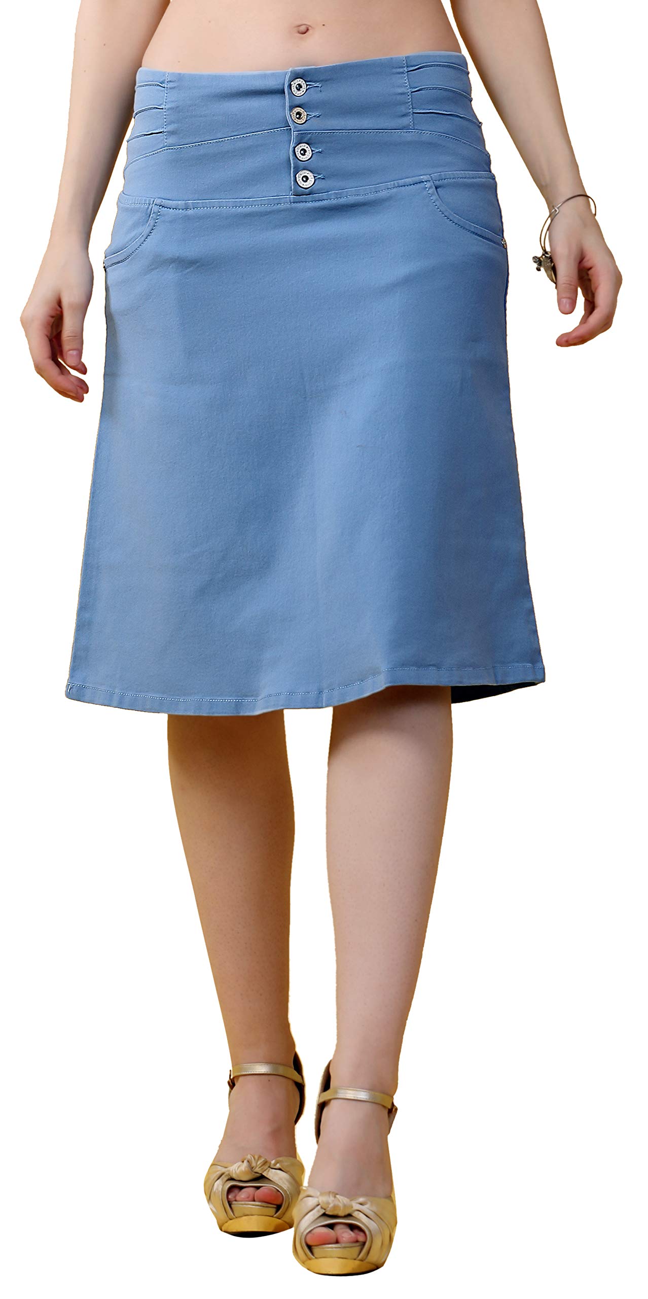 fck-3 Stretchable Denim Embroidered Broad Waist Band Four Buttoned Lightly Faded Skirt for Women-picture-25