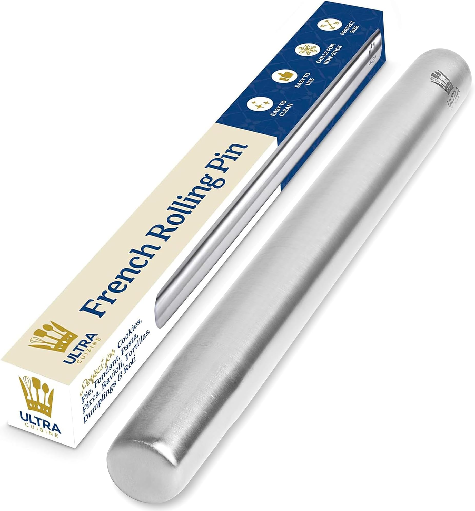 Professional French Rolling Pin for Baking - 15.75" Smooth Stainless Steel Metal and Tapered Design Best for Fondant, Pie Crust, Cookie and Pastry Dough - Baker Roller by Ultra Cuisine