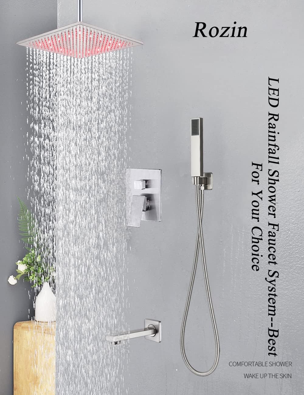 Crеаtіvе Prоduсt Rozin 3-way Shower Faucet Diverter Kit LED Light 16-inch Rainfall Ceiling Shower Head Tub Tap with Hand Wand Brushed Nickel Chеареѕt 🛒 Rozin 3-way Shower Faucet Diverter Kit LED Light 16-inch Rainfall Ceiling Shower Head Tub Tap with Hand Wand Brushed Nickel