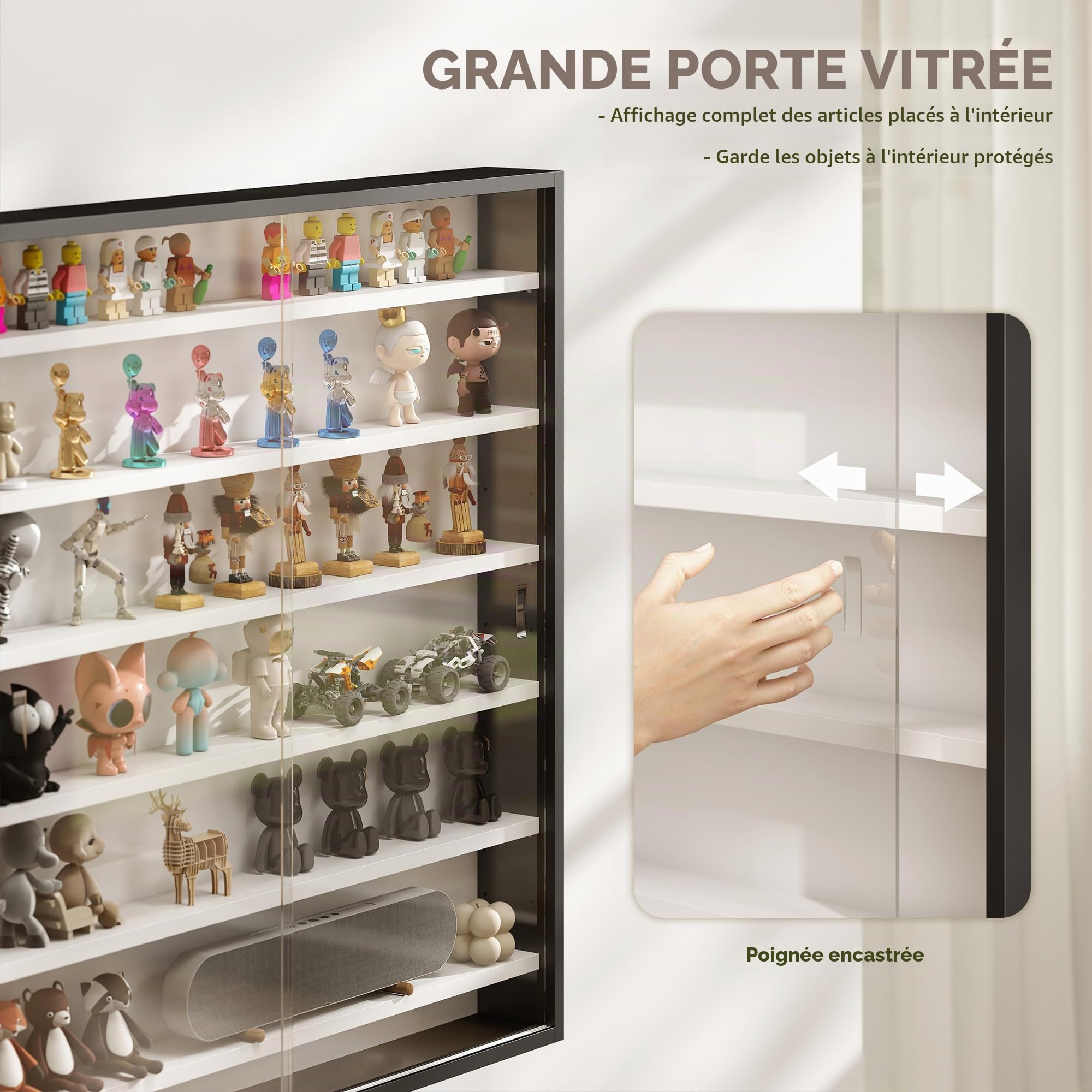 HOMCOM Vitrine Murale avec 6 étagères réglables, vitrine pour collectionneurs, vitrine Murale pour Objets de Collection, Verre et Panneau de Particules, 80x9.5x83 cm, Noir et Blanc