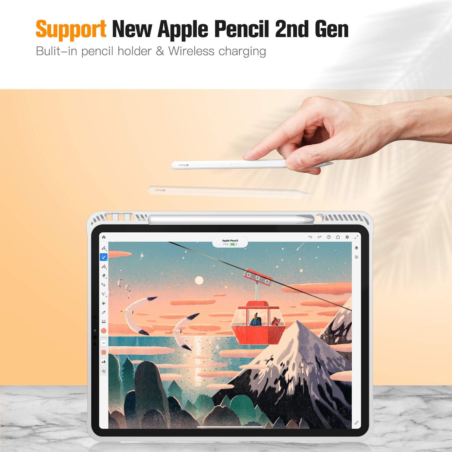 CaseBot SlimShell Case for iPad Pro 12.9" 4th & 3rd Generation 2020/2018 with Pencil Holder - Smart Stand Soft TPU Back Cover, Support Pencil 2nd Gen Charging & Auto Wake/Sleep, Marble Pink
