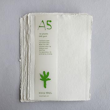 KHADI White Rag Paper 640gsm Rough 15x21cm Pack of 10 Sheets
