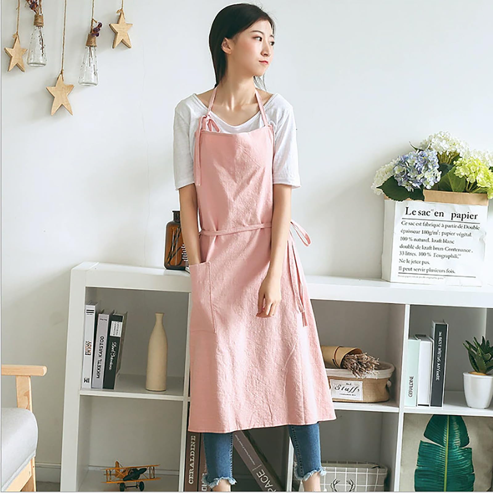 Tablier de cuisine réglable en coton et lin avec poches pour la cuisine, la pâtisserie, l'art, la peinture, le jardinage