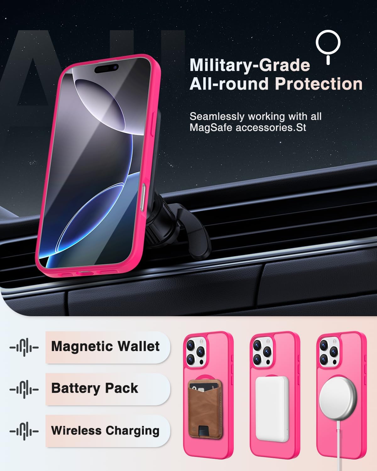 [4 in 1] Magnetic for iPhone 16 Pro Case, 2 Pics Privacy Screen Protectors and 1 Pic Camera Protector, Fit for MagSafe, Military Grade Shockproof Translucent Matte 16 Pro Phone Case 6.3", Hot Pink image 3
