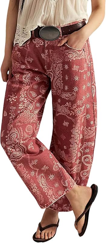 loveimgs Mujeres Boyfriend Baggy Barril Jeans Estampado Floral Denim Tobillo Pantalones Ancho Pierna Media Altura Jeans Pantalones De Chándal Y2k Patchwork