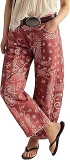 Women Boyfriend Baggy Barrel Jeans Floral Print Denim Ankle Pants Wide L...