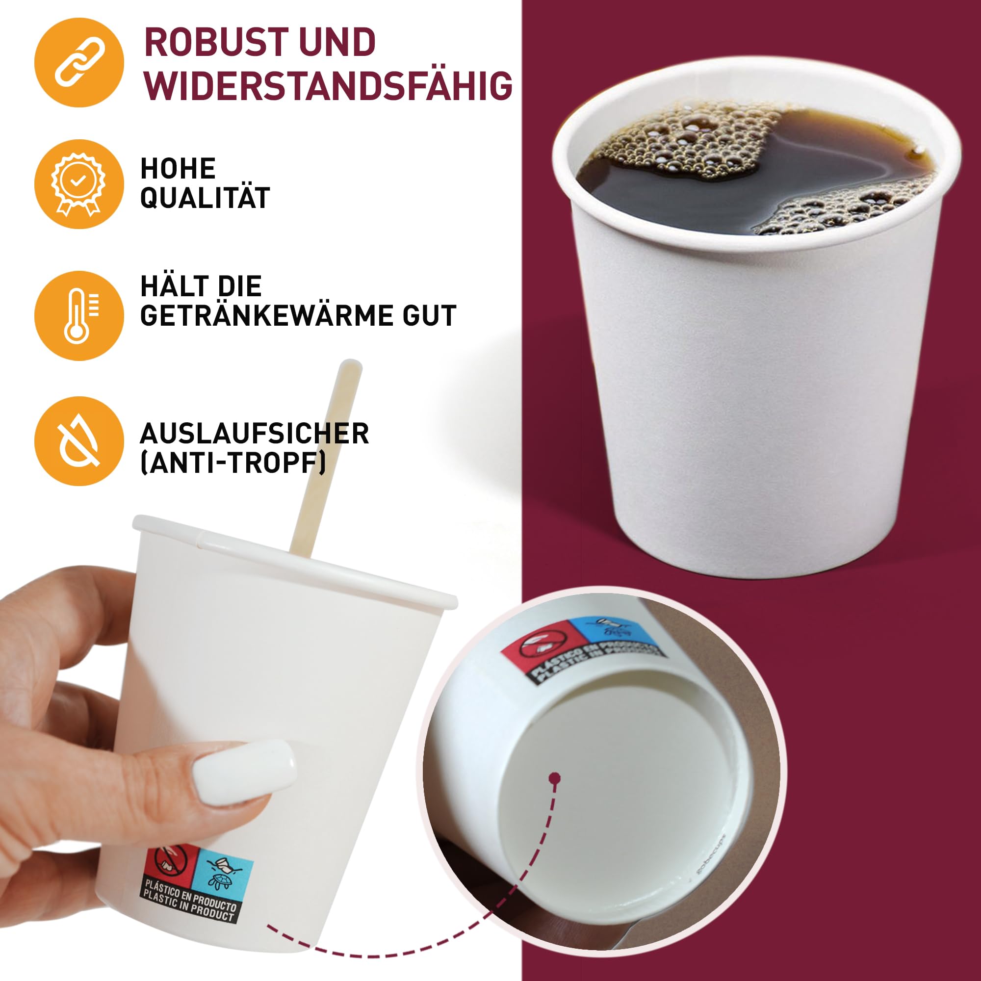METAPRINT Einweg-Kaffeetassen Mit Deckel - 100 Stück, 340 Ml, Auslaufsicher