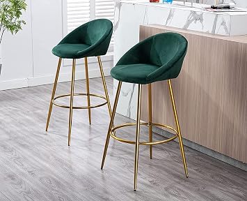 Wahson Velvet Bar Stools Breakfast Kitchen Counter Chairs, Set of 2 Bar Chairs High Stools with Golden Metal Legs and Footrest for Kitchen Island Green, A