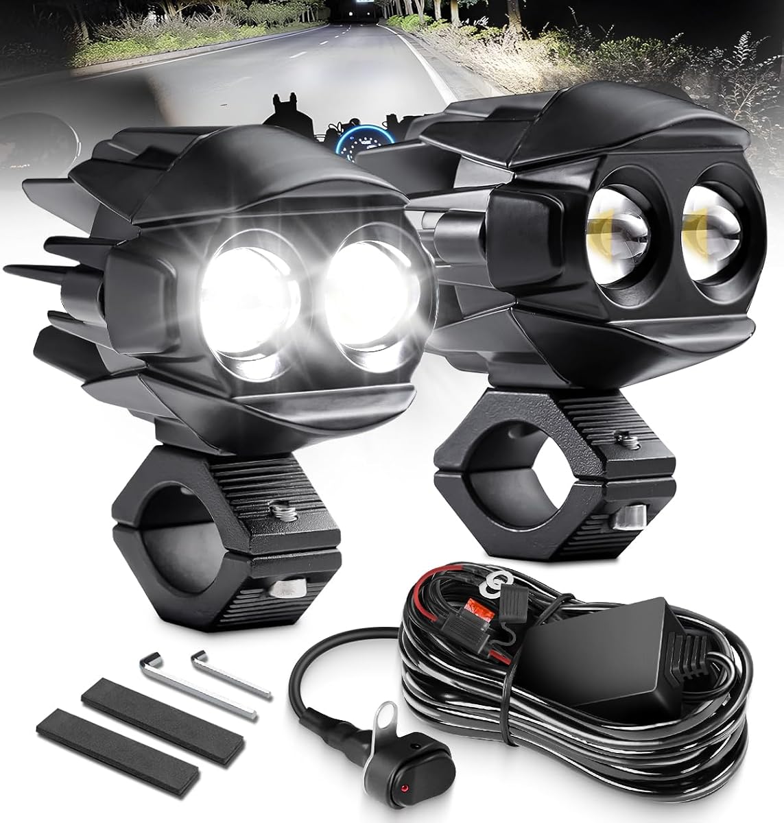Motorcycle Fog Lights LED Kit Auxiliary Driving Lights with Switch Wiring Harness Brackets 50W Hi-Low Combo Beam for R1200GS Adventure Touring Cruiser Sport Motorcycle E-bike ATV UTV Trike