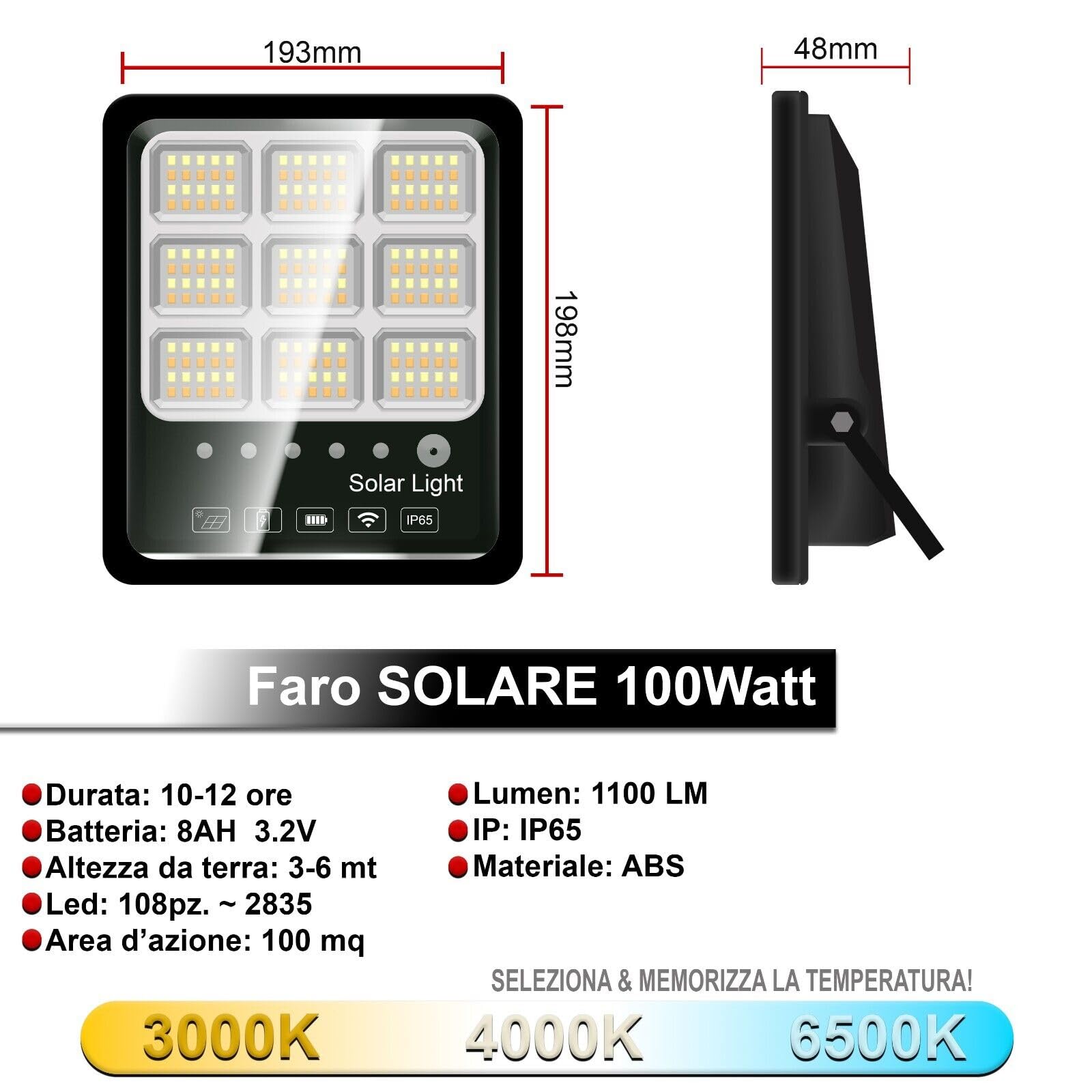 Faro Solare da Esterno 100W con Pannello Solare Monocristallino Led Esterno Impermeabile IP67 336 Macro Leds Faro Luce Fredda 6500K 10 Ore Autonomia Sensore Crepuscolare Supporti (U)