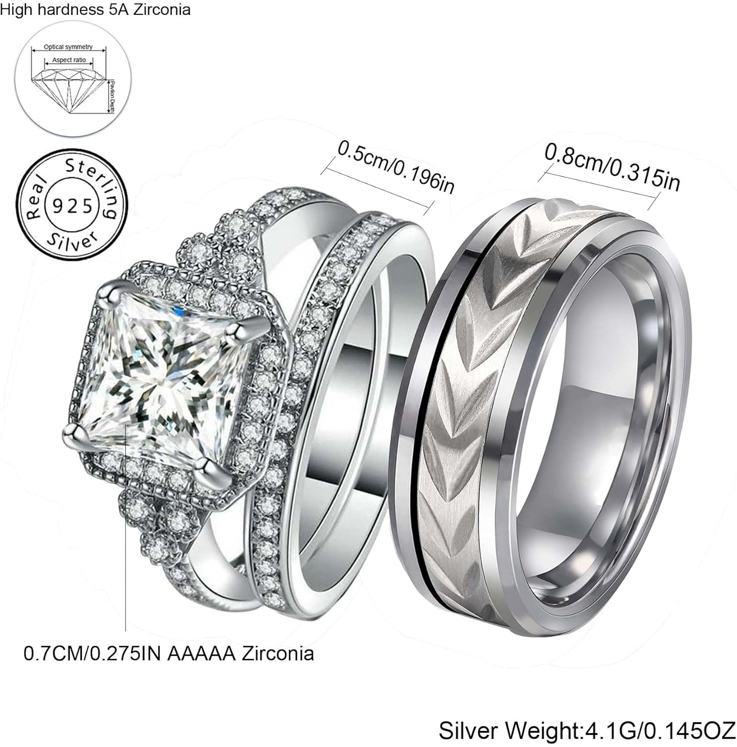 Couple Rings White Gold Plated 925 Sterling Silver Ring Square 1CT AAAAA CZ Women Wedding Ring Sets Men Titanium Steel Ring