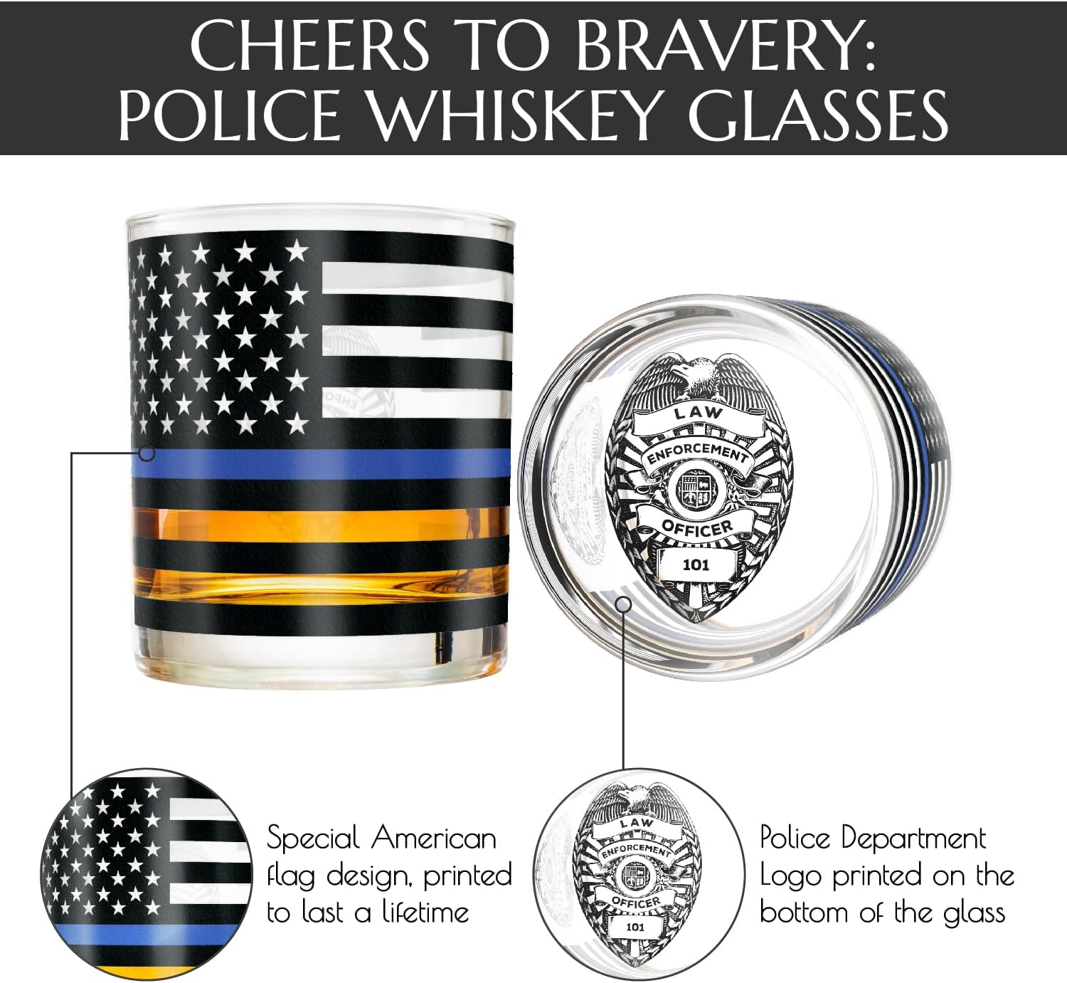 Greenline Goods Thin Blue Line Police Officer Whiskey Old Fashioned Glasses (Set of 2) - 10 oz - Classic Drinkware with Law Enforcement Flag Graphics - Shows Support for First Responders - Image 4
