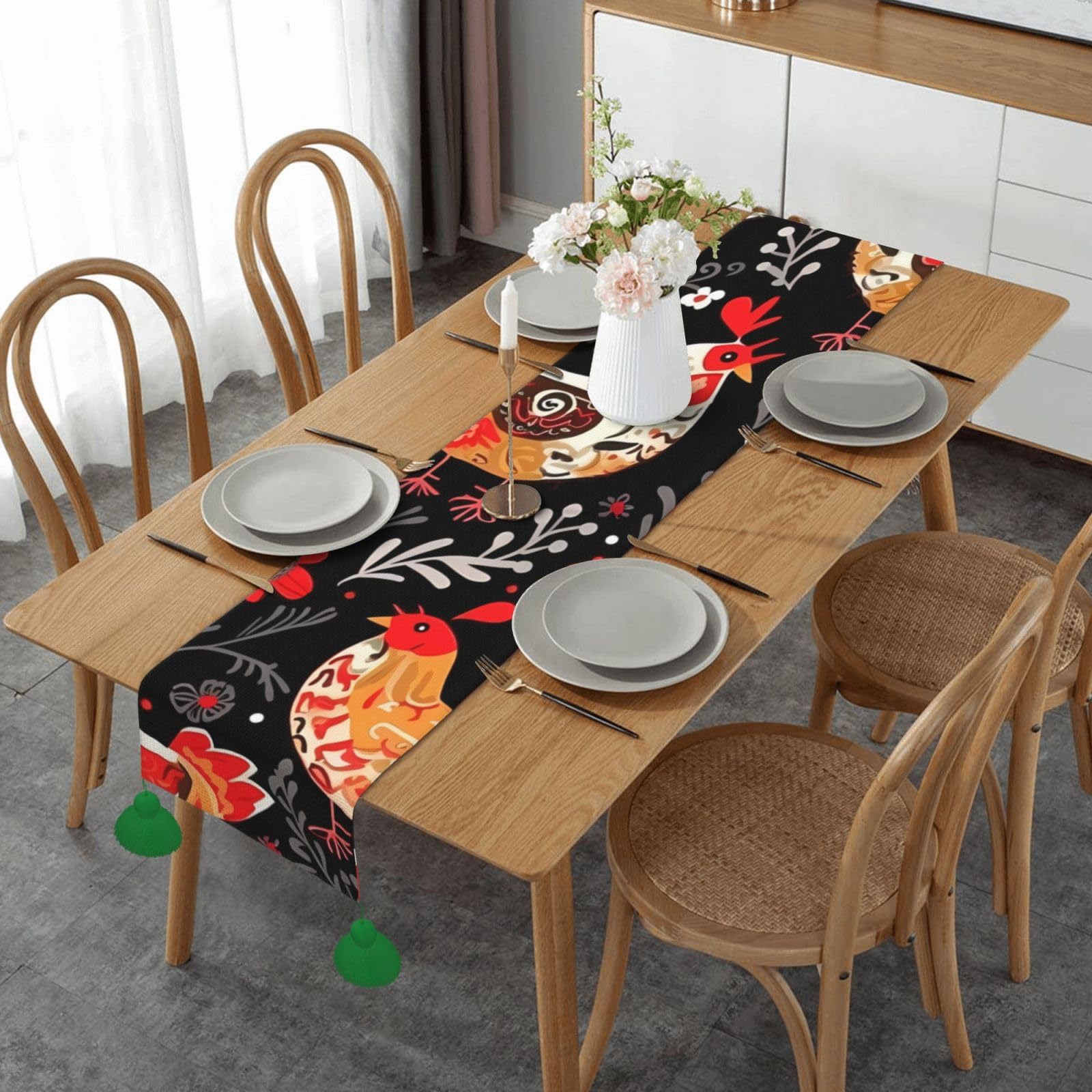 Chemin de table en lin imprimé coq et poules d'automne 35x152 cm