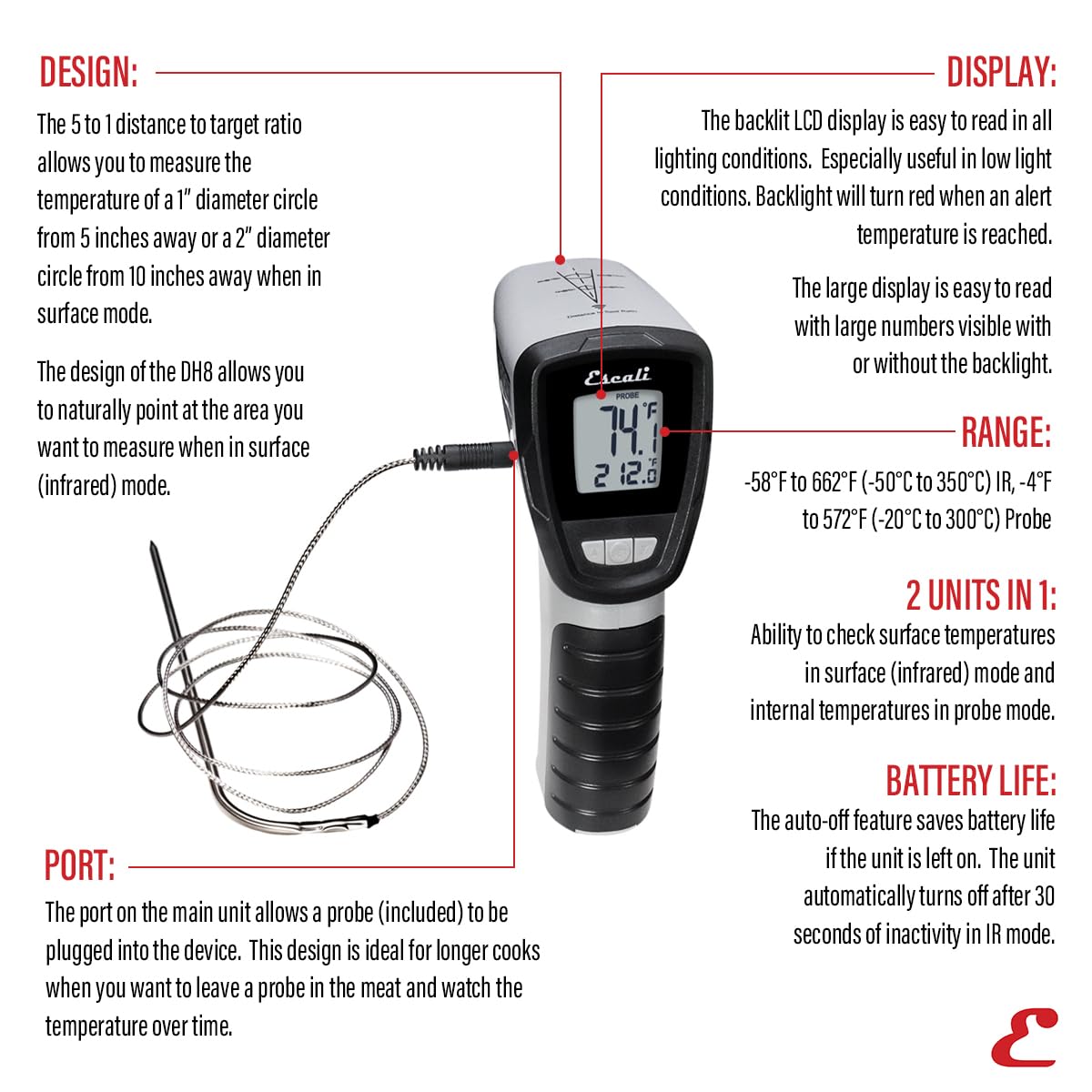 Termometro digitale a sonda e superficie a infrarossi Escali DH8, standard, grigio/nero