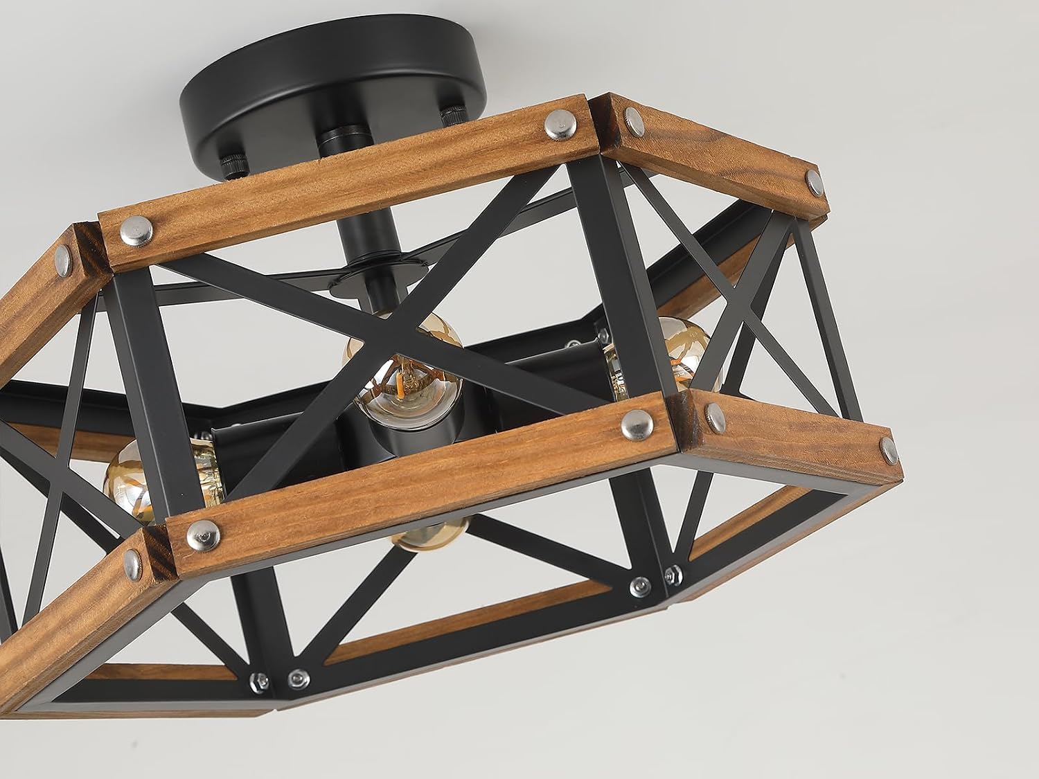 4-Light Rustic Farmhouse Wood Flush Mount Ceiling Light Fixture 14.5 inch Oak Wood and Metal Hexagon Cage Semi Flush Mount Ceiling Light for Hallway Entry Bedroom Kitchen Farmhouse Cabin, Black image 5