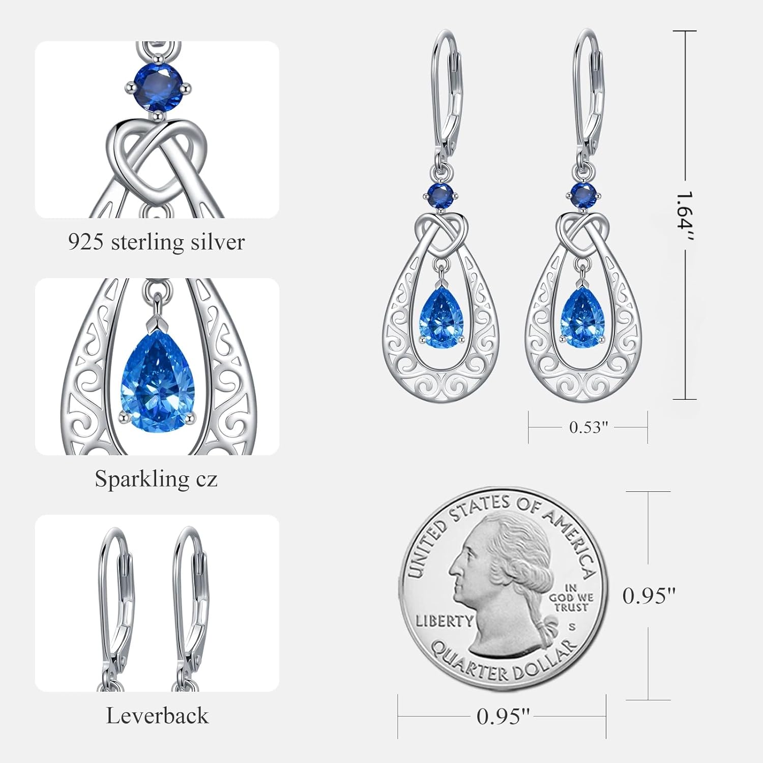 Teardrop Birthstone Dangle Drop Earrings Sterling Silver Infinity Filigree Leverback Earrings, Infinity Love Birthday Anniversary Valentines Day Gifts for Her Women Mom Wife - Image 4