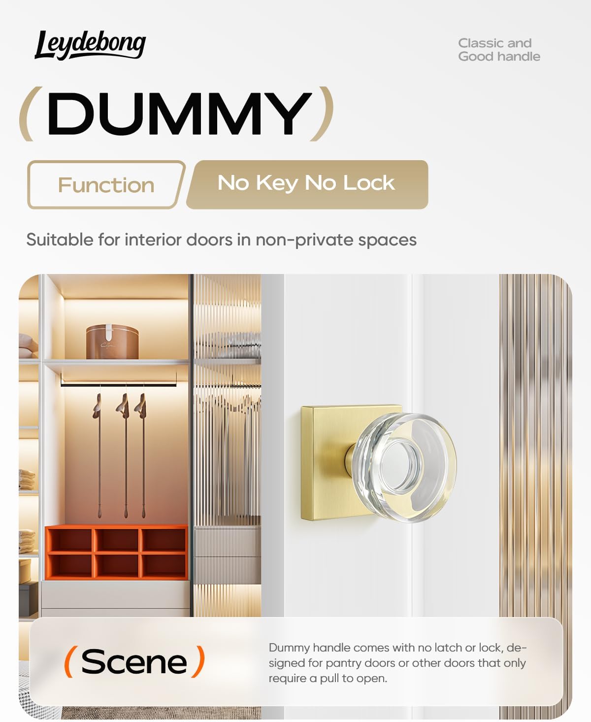 Leydebong 2 Pack Crystal Glass Dummy Door Knobs, Gold Round Crystal Dummy Door Knob for Interior Closet, Only Pull Single Side Use Knobs in Satin Brass Finish