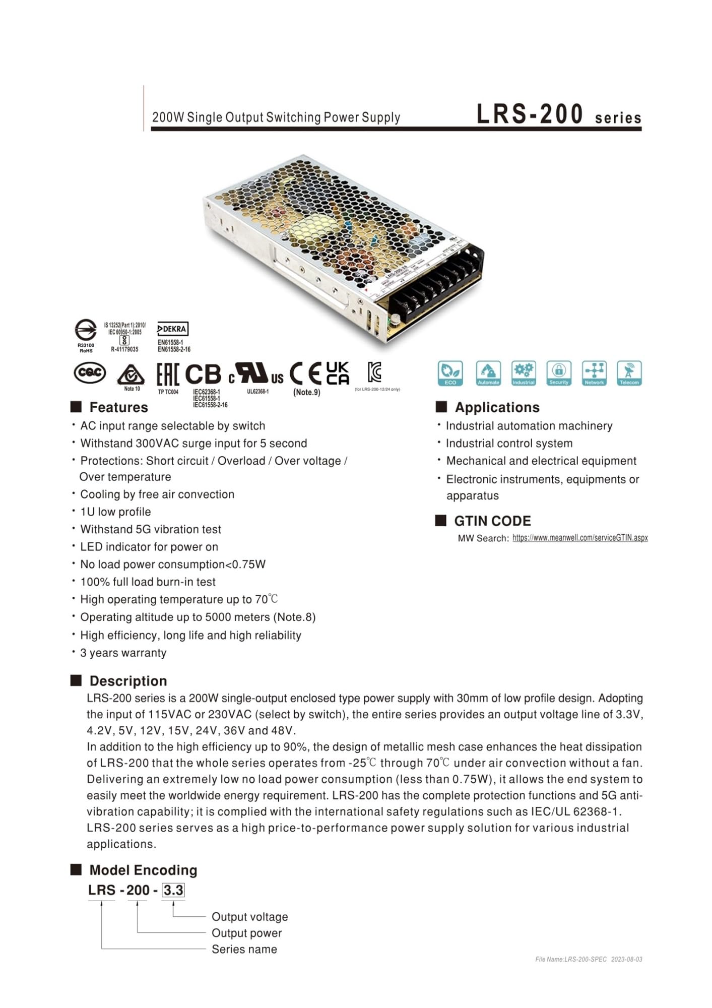 LRS-200-Serie LRS-200-3.3 LRS-200-4.2 LRS-200-5 LRS-200-12 LRS-200-15 LRS-200-24 LRS-200-36 LRS-200-48 200-W-Schaltnetzteil(Lrs-200-3.3)