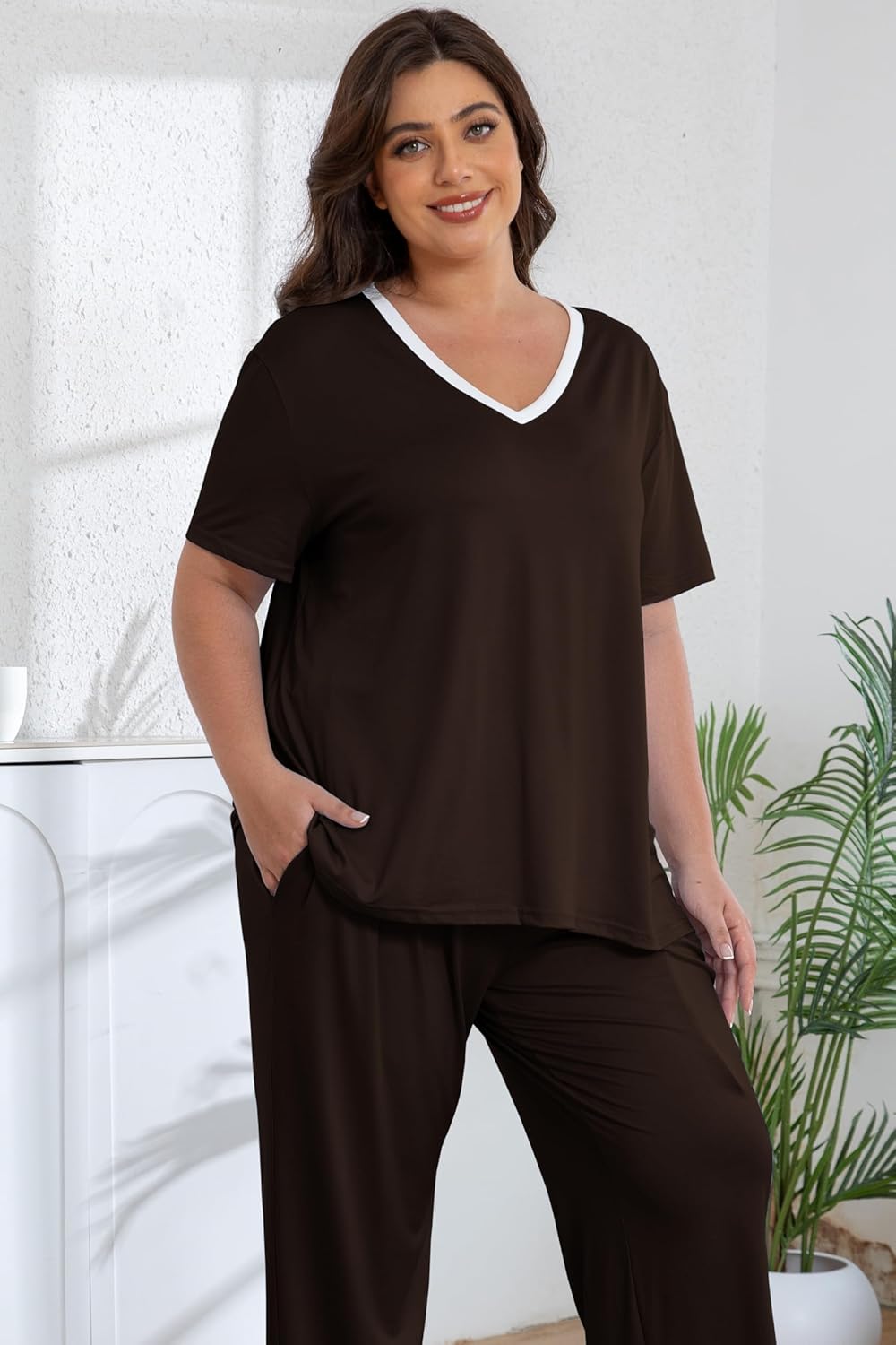 Plus Size Women Pajama Sets Short Sleeve Long Pants Solid Color Sleepwear V Neck Casual Lounge Sets Nighty - Image 2