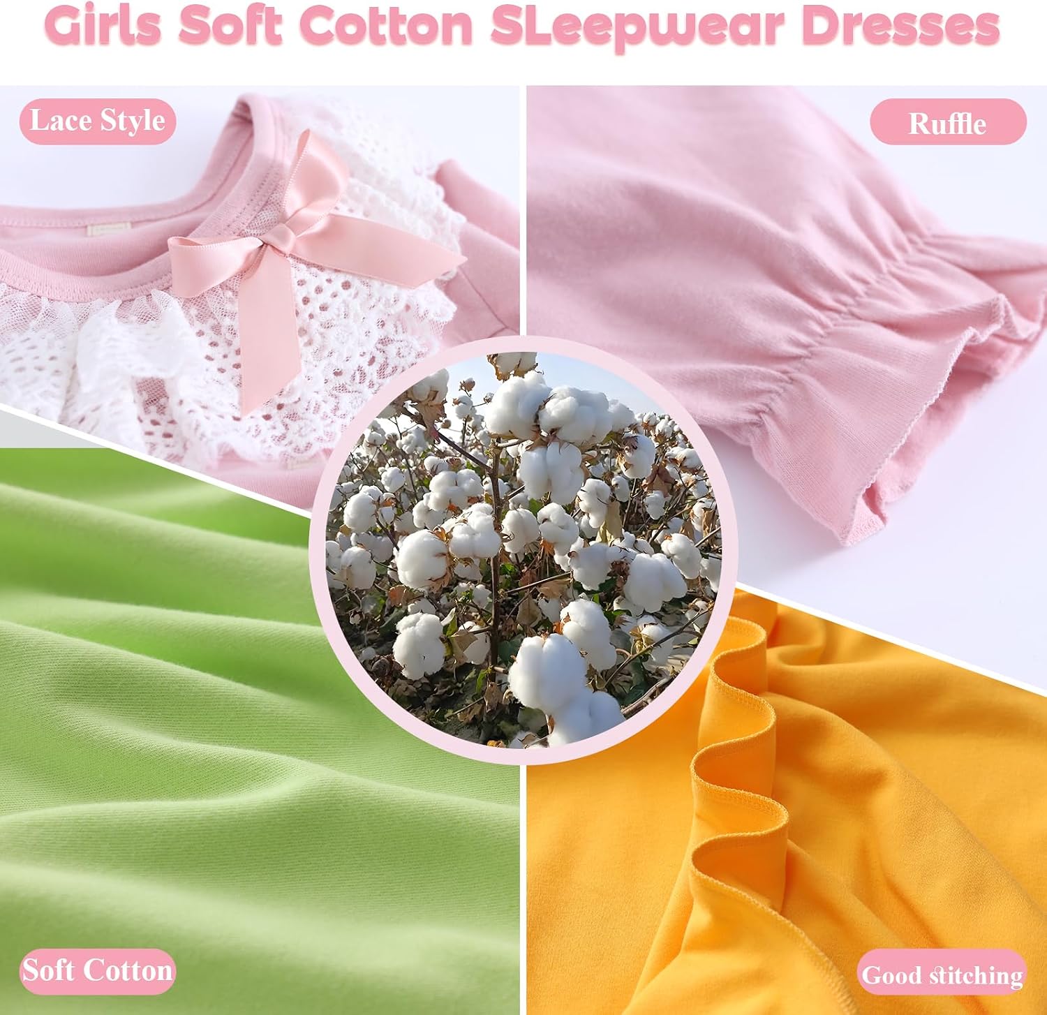 ABALACOCO Cotton Nightgown for Girls Short Long Sleeve Pajamas Dress Princess Kids Toddlers Pretty Lace Loose Sleepwear Dress