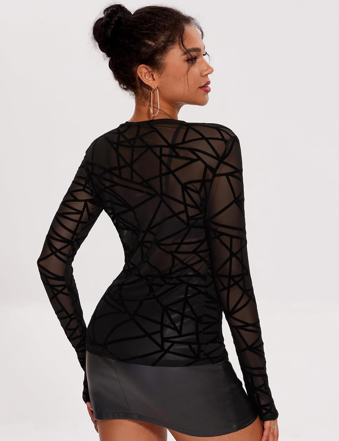AKEWEI Womens Mesh Long Sleeve Tops Crew Neck Sexy See Through Tee Shirts Party Club Night Lace Blouse - Image 2