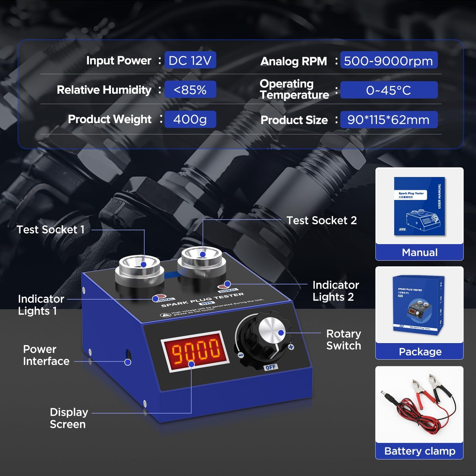 PLAYOCCAR Tester per candele 110V/220V - Doppio foro, Frequenza 500~9000RPM, Candela per auto 12V/24V, con display