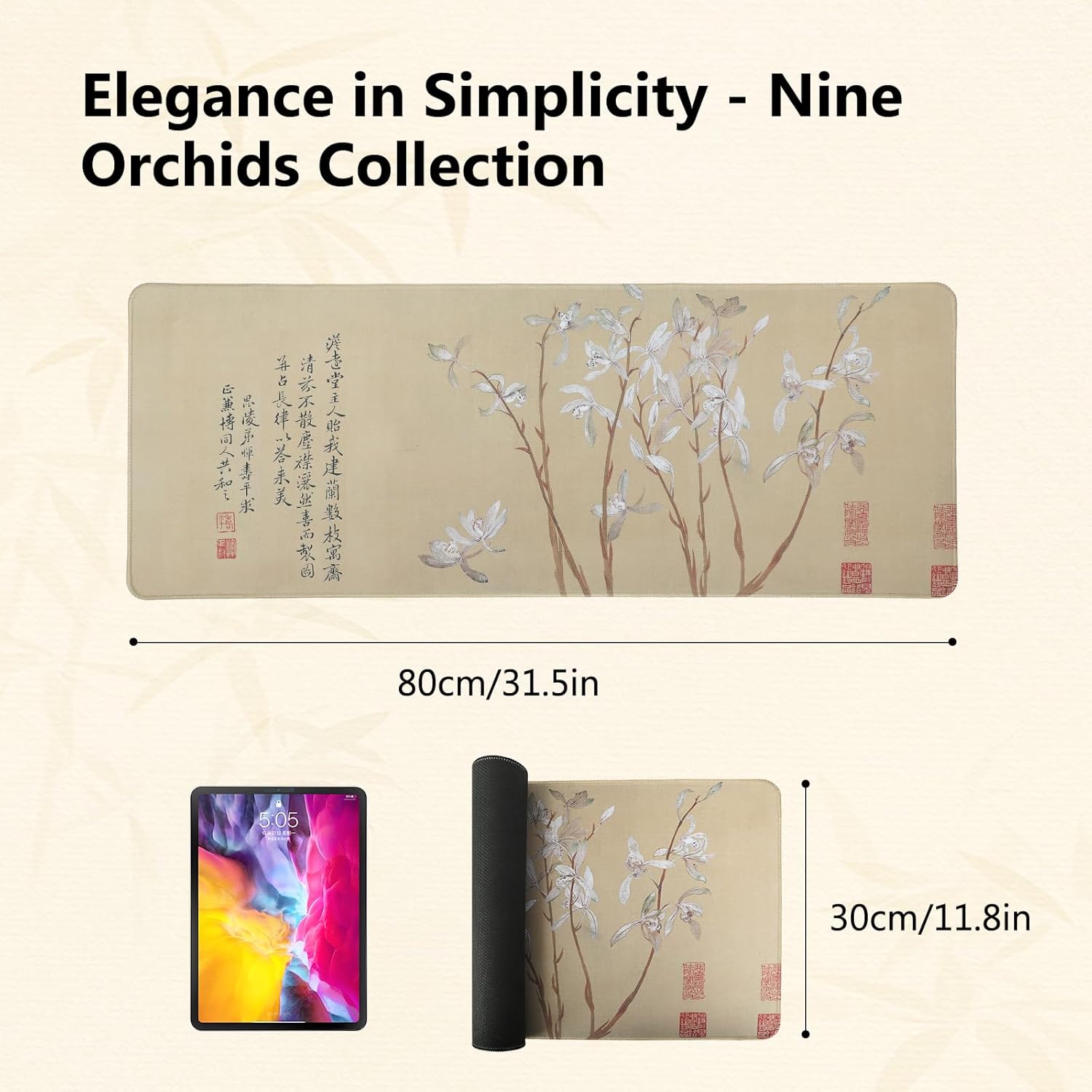 Chinese Style Famous Art Mouse Pad, 31.5x12 Inches Non-Slip Rubber Base, Waterproof Desk Mat for Office & Gaming (Extended XX-Large, Nine Orchids (Chinese Flower Painting))