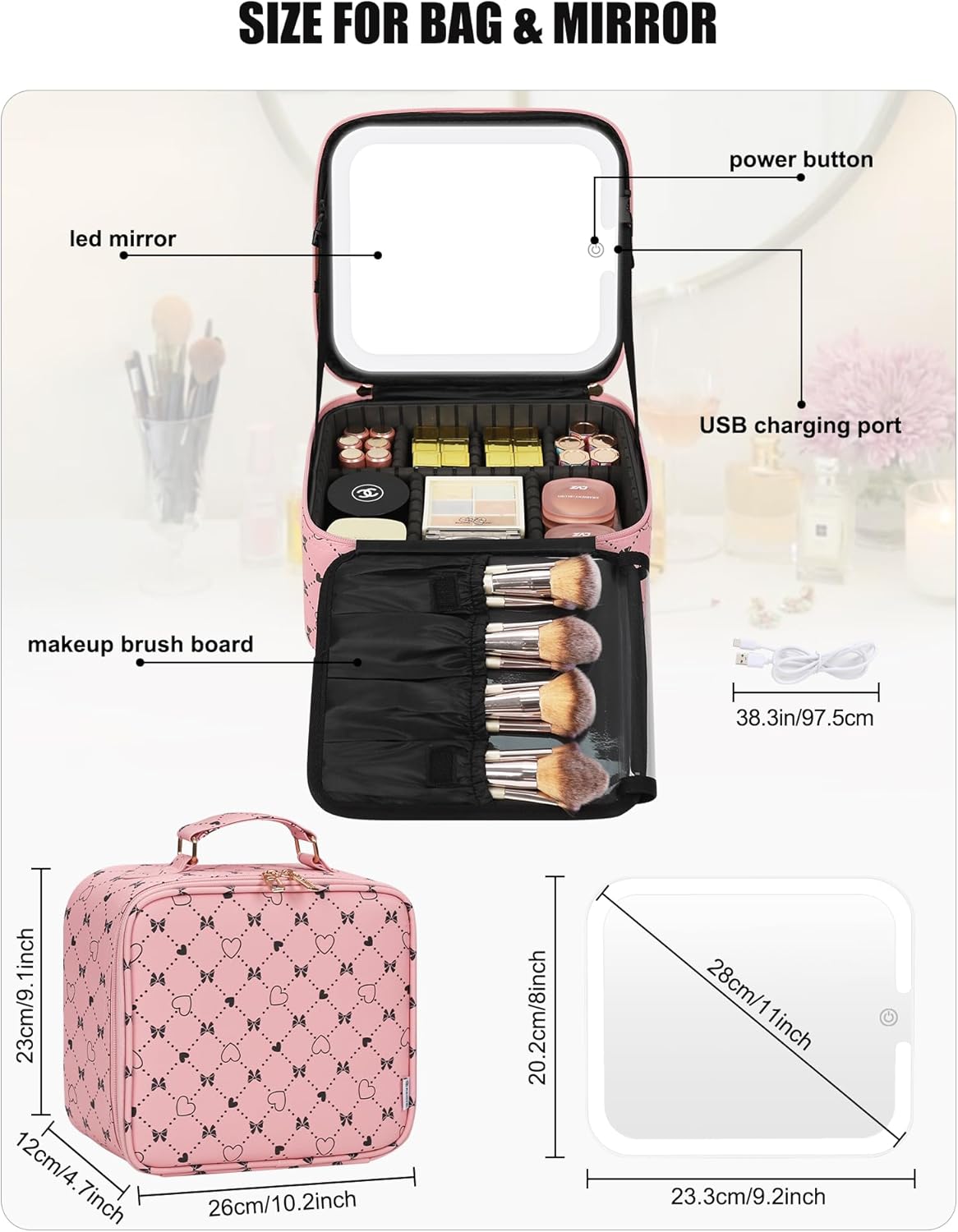Relavel Travel Makeup Bag With LED Mirror, Compact Cosmetic Organizer Storage with Brush Compartment, 3 Colors in Adjustable Brightness, Adjustable Dividers, Make Up Train Case - Pink Bowknot