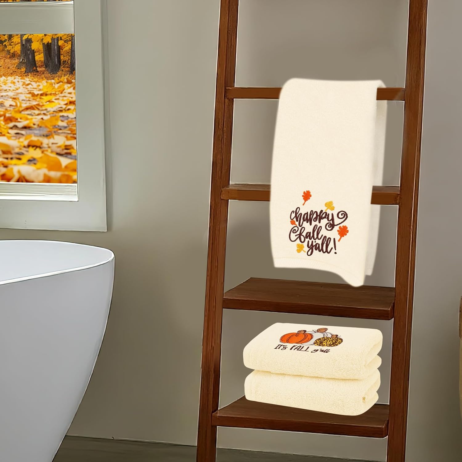 無撚糸カームライフバスタオル ２柄セット 通販【ニッセン】 秋のハンドタオル 紅葉 ノーム パンプキン 刺繍 コットン バスルーム タオル 吸収性 バスタオル ハンドドライ クリーニング クッ