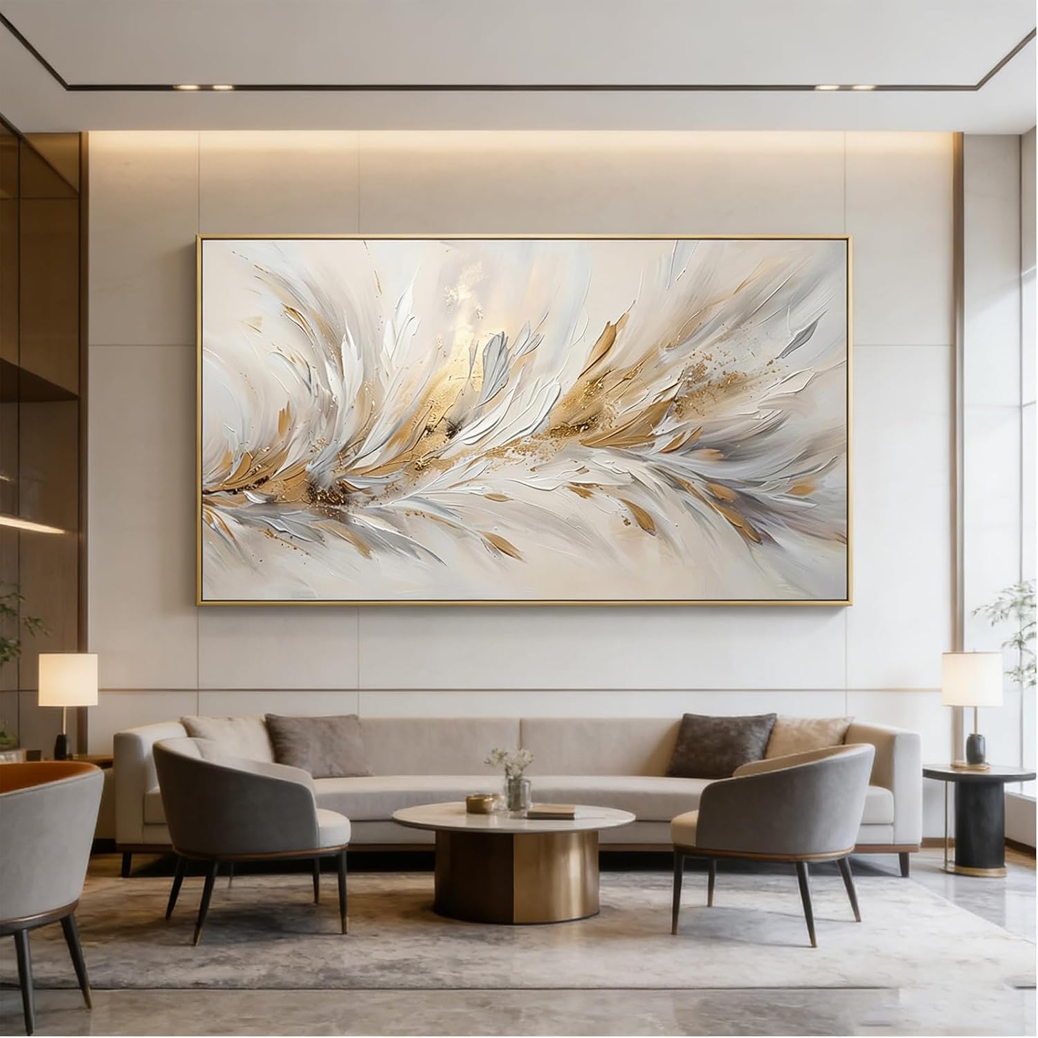 HIPWST Duża nowoczesna minimalistyczna ilustracja ścienna ze złotymi piórami abstrakcyjne pióro do dekoracji salonu (80x160cm/wewnętrzna rama)