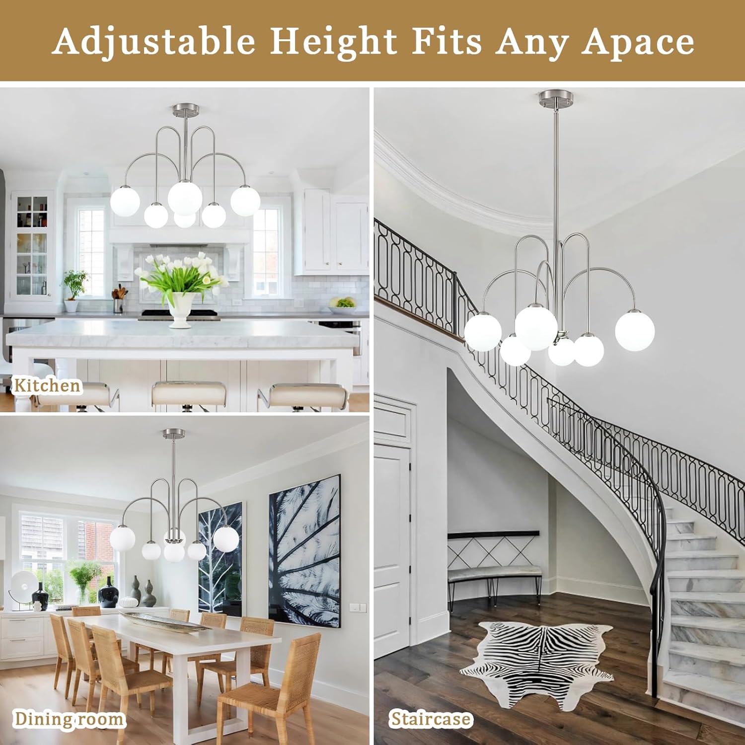 Brushed Nickel Sputnik Chandelier 6 Light Mid Century Modern Chandeliers for Dining Room Light Fixture with White Glass Shades Ceiling Pendant Light Globe Chandelier for Entryway Foyer Kitchen Bedroom