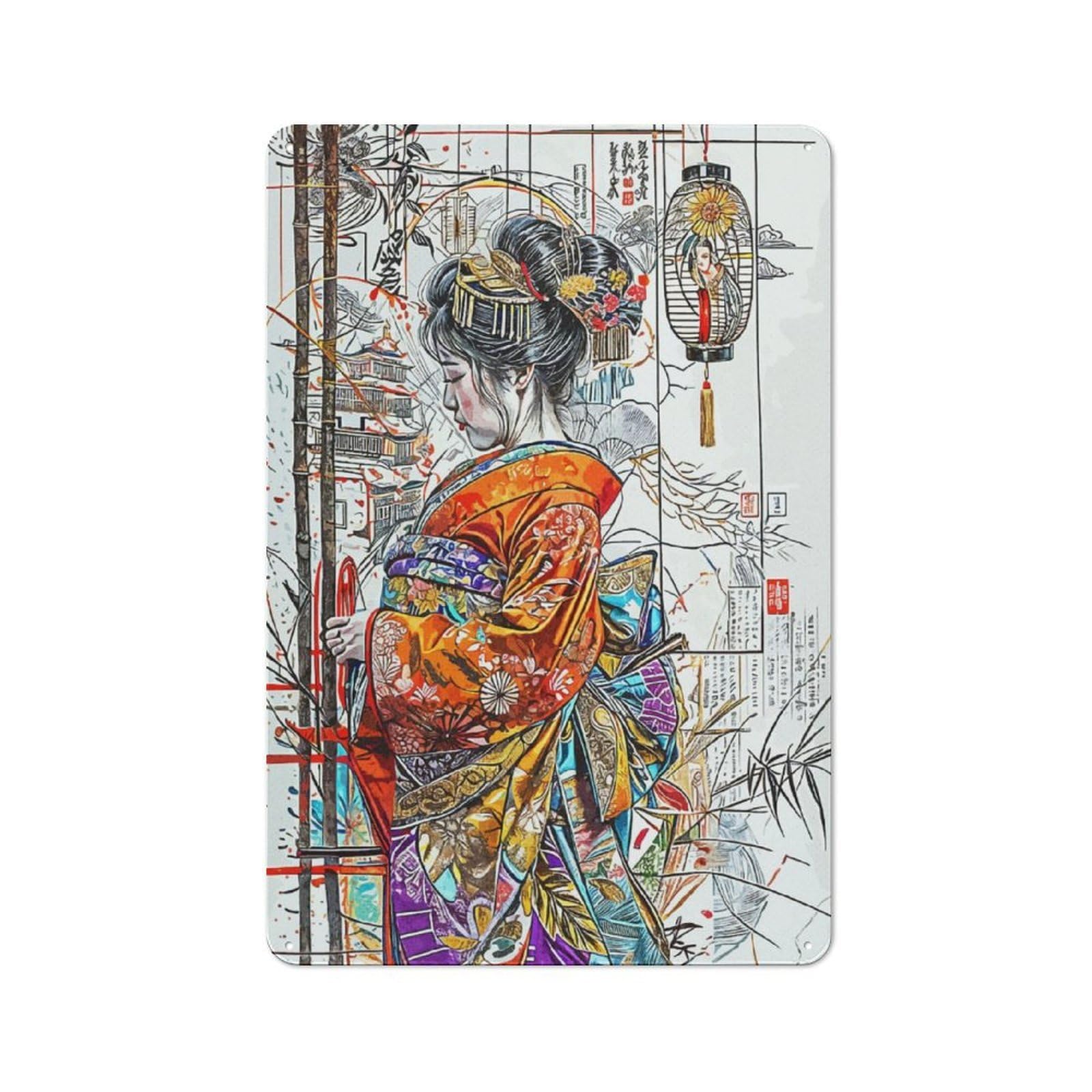 Junmoney Geisha And Japanese Printed Metal Sign 30X20cm For Home Office Or Studio, A Christmas Gift For People Styling Home Office And Studio