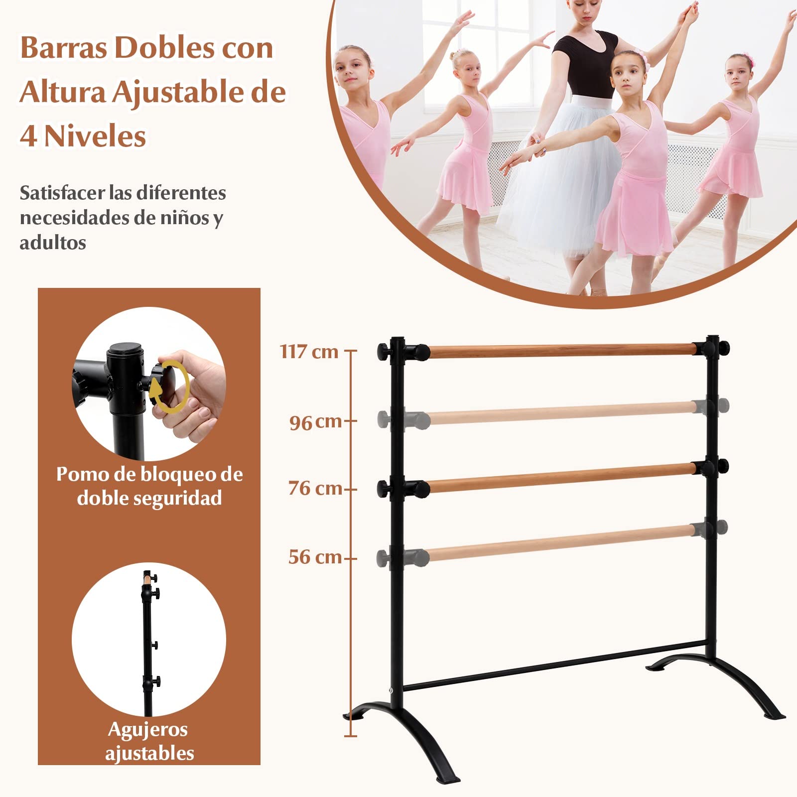 COSTWAY 120 cm Barra de Ballet Portátil, Barra Doble Independiente, Altura Ajustable 56/76/96/116 cm, Baile, Entrenamiento, Barra de Fitness, Gimnasio Casa, Adultos y Niños