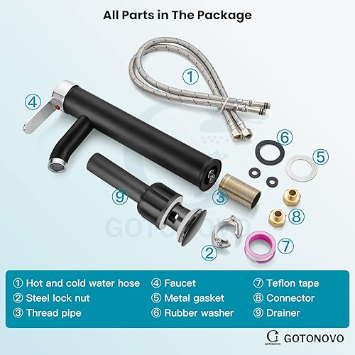 Miniatura 8 de gotonovo Grifo para fregadero de cuenco, 1 manija, montaje en cubierta de un solo agujero, grifo mezclador de tocador para baño, color negro mate y