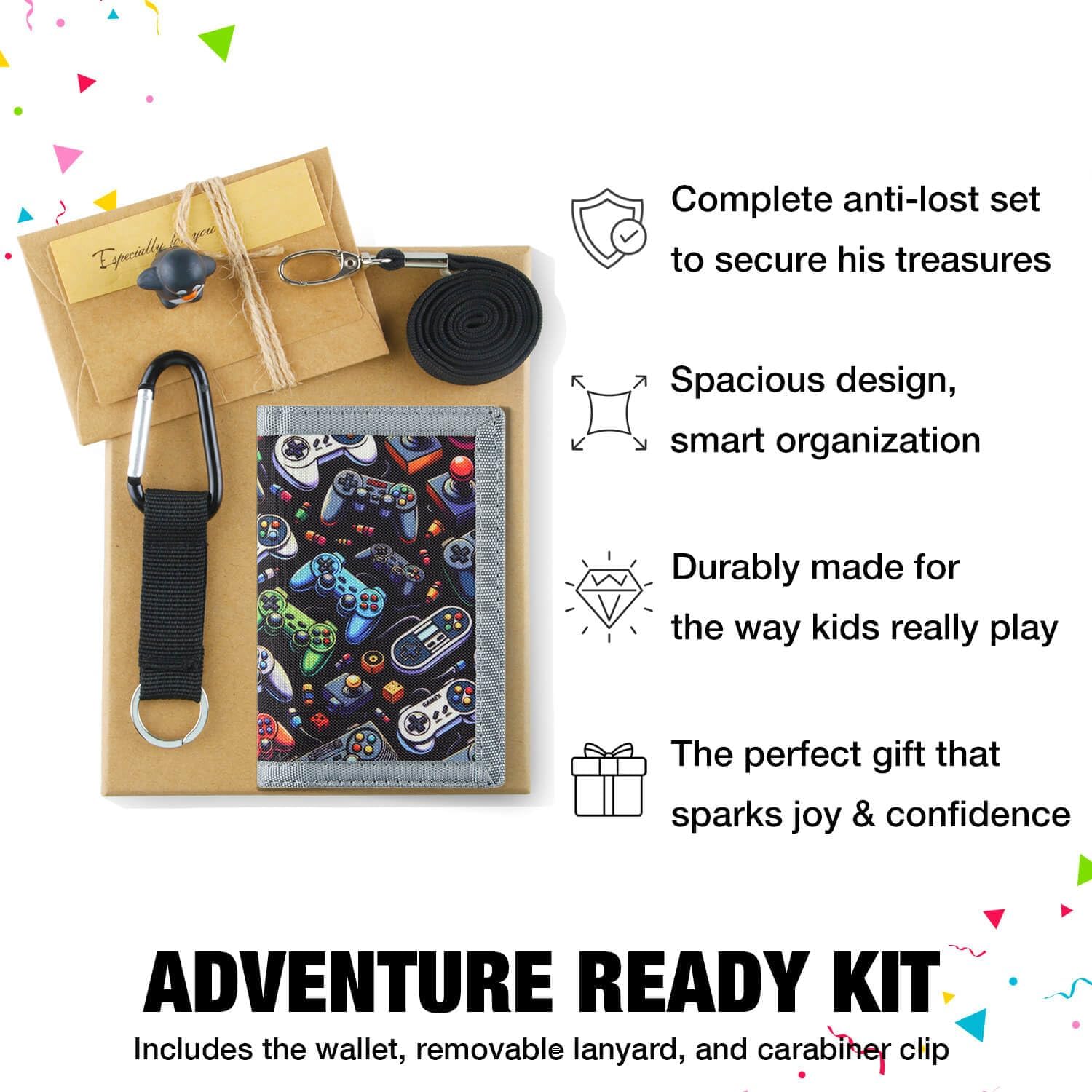 Kids Wallet for Boys with Lanyard, Little Boys Wallet for Kids Ages 4-5-6-7-8-9-10-12, Game Gamer Gaming Youth Wallets with Strap, Tri Fold Child Childrens Neck Wallets for Birthday Christmas Gift