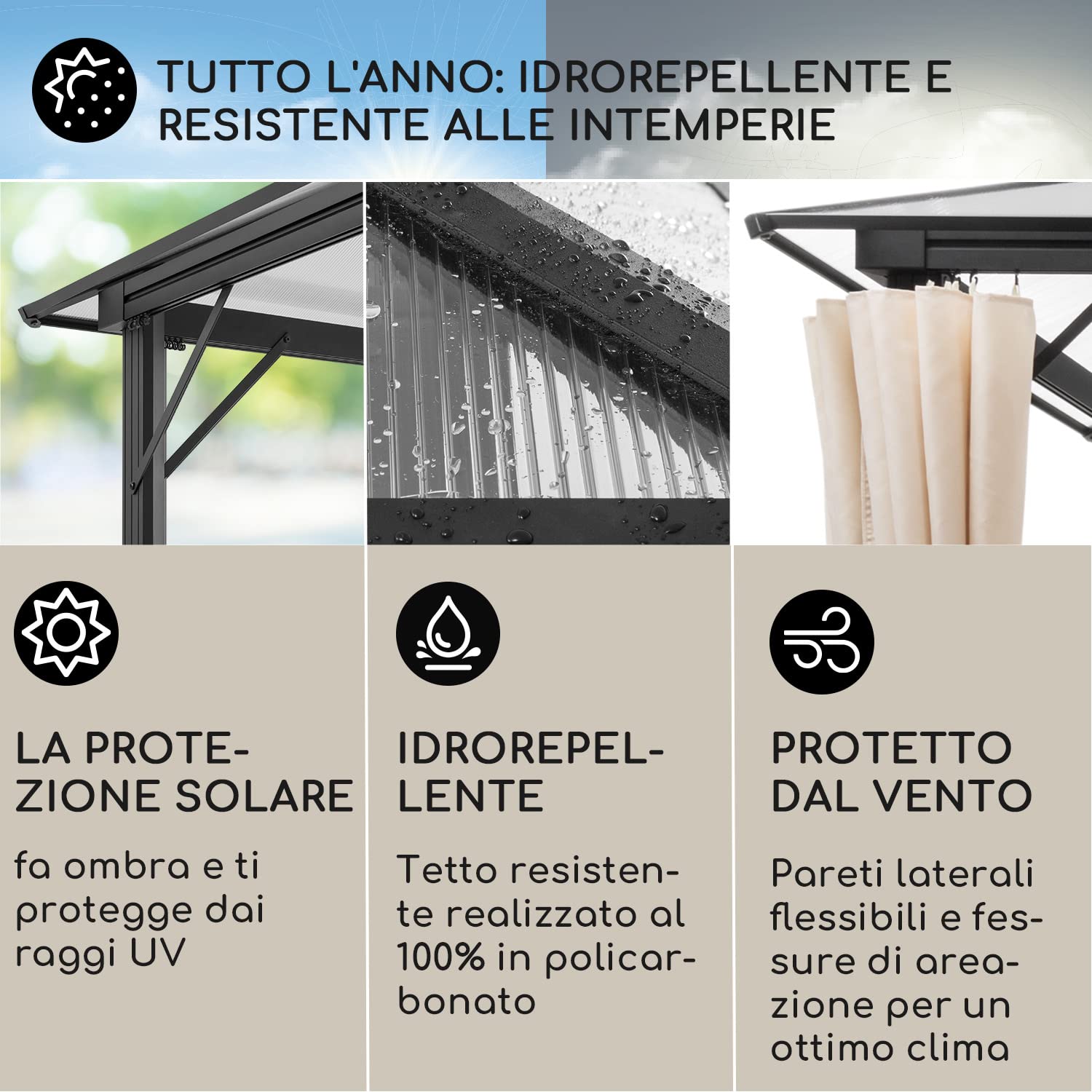 Blumfeldt Pergola Impermeabile con Tetto in Policarbonato, Pergola 3x4, Gazebo in Metallo e Alluminio, da Giardino Anti UV, Tendone Giardino con Vetro Traslucido, Luci LED Dimmerabili