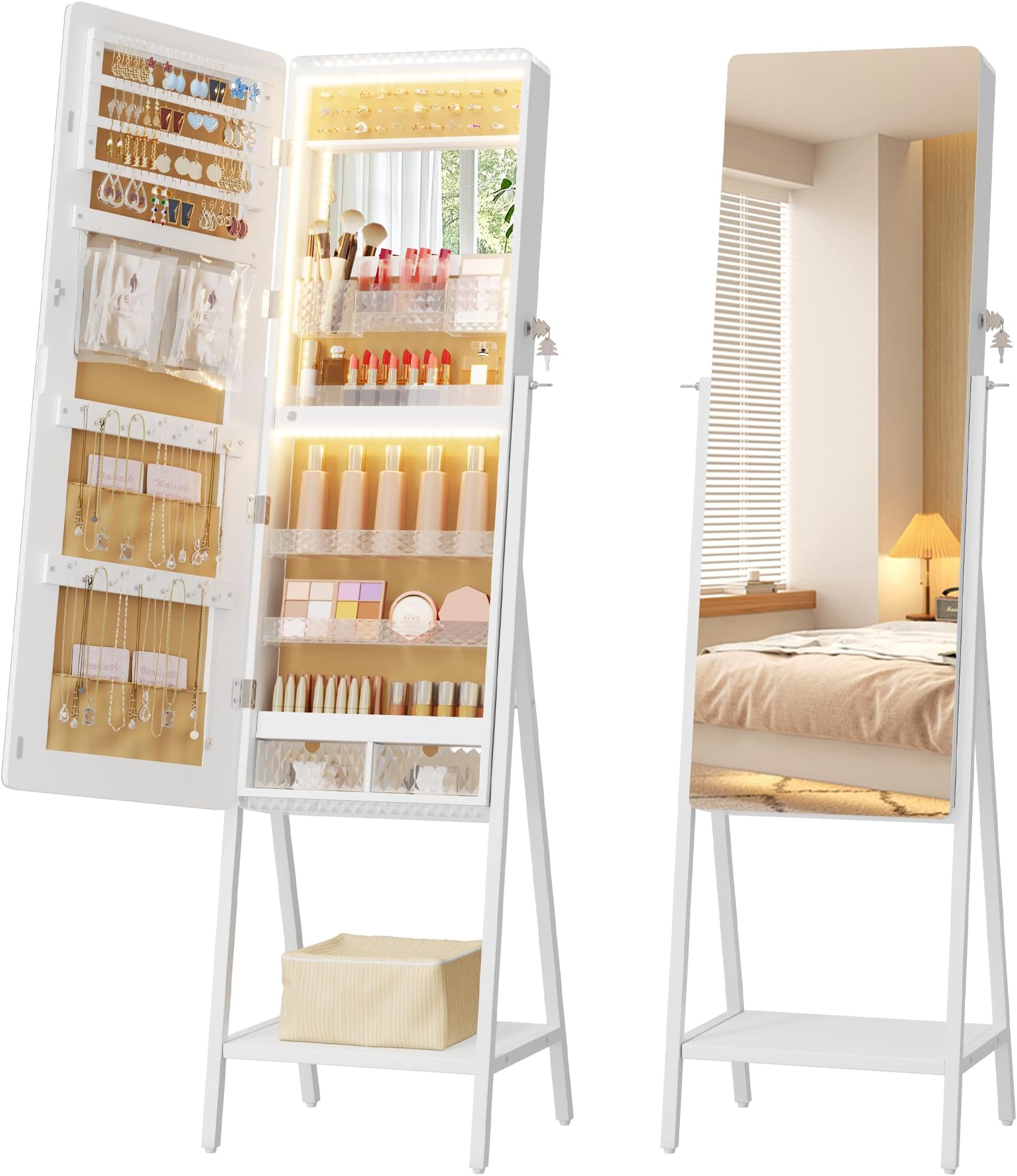LVSOMT Jewelry Armoire Cabinet Standing, Lockable Full Length Mirror with Storage, Space-Saving Mirror with Jewelry Storage, LED Makeup Mirror, Jewelry Organizer Cabinet, White