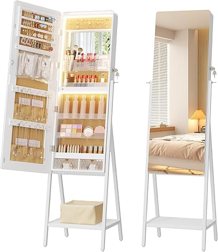 Miniatura 10 de LVSOMT Armario de joyería con 6 luces LED organizador de armadura de joyería espejo de piso de longitud completa con almacenamiento de joyas soporte