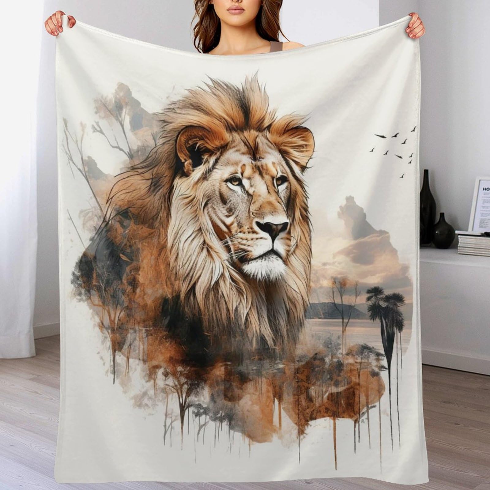 Couverture polaire lion pour canapé ou lit plaid cocooning en flannel
