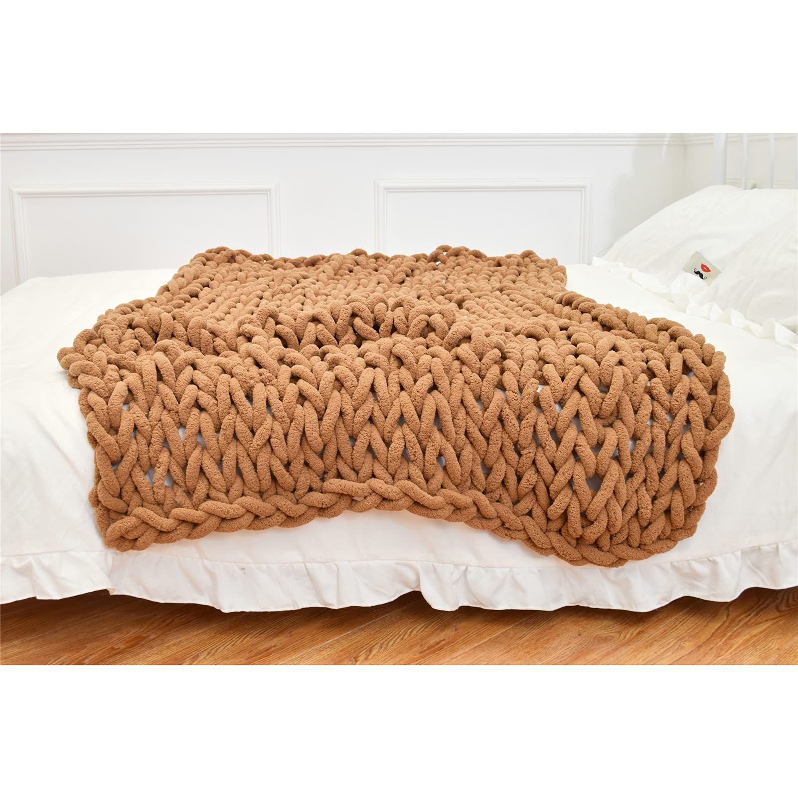 Manta acogedora de punto grueso, manta de felpilla suave tejida a mano para cama, sofá, silla y oficina, decoración del hogar, lavable a máquina, 70 x 80 pulgadas (camello)