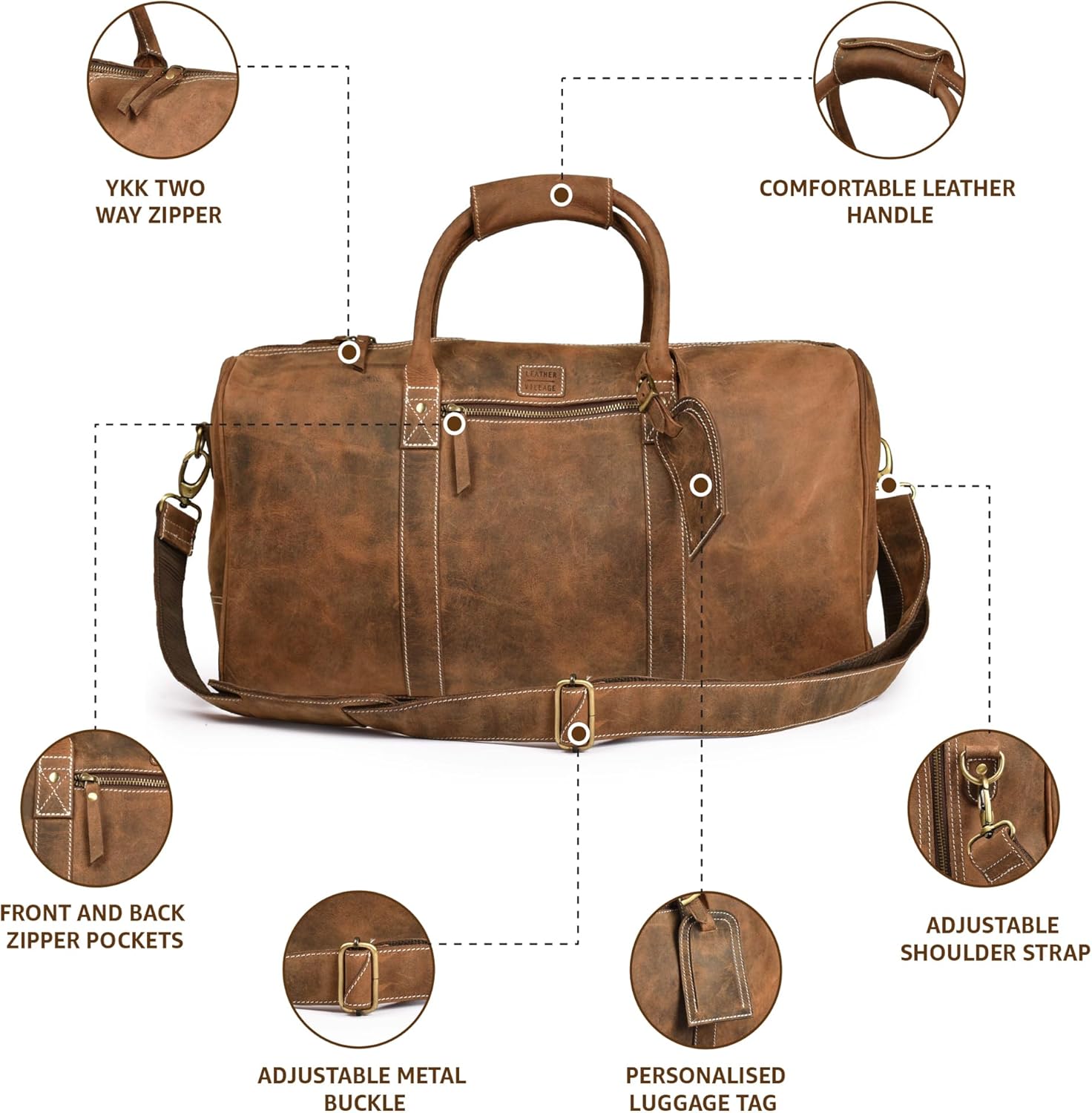 Leather Village Leather Duffel Bags for Men & Women-Stylish Travel Weekender Carry-On Sports Gym Overnight Luggage Bag - 20 Inch - Vintage Brown - Image 7