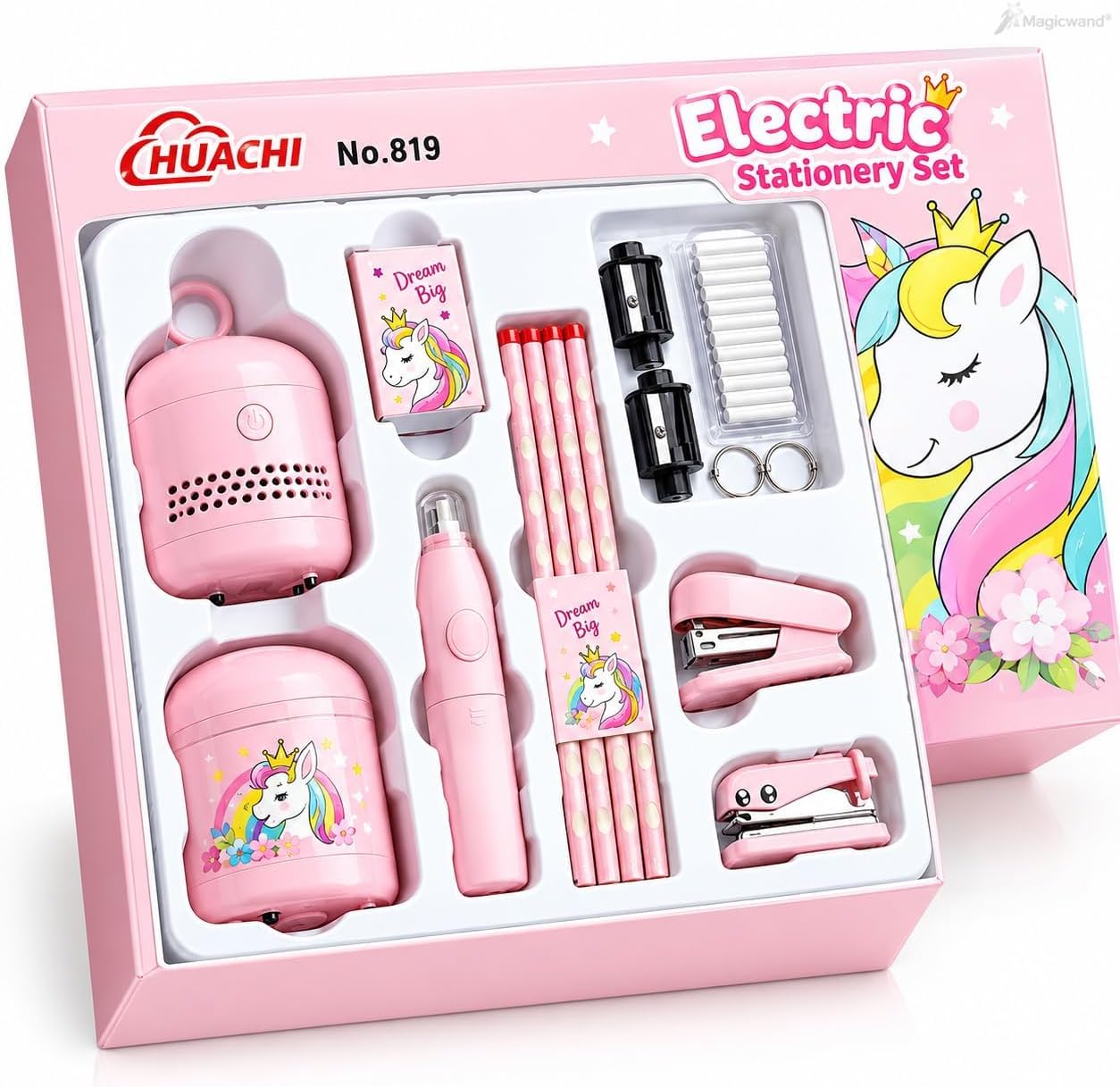 Magicwand Battery Operated Pencil Sharpener,Electric Eraser,Vacuum Cleaner Stationery Set with 10 Eraser Refills for Kids,Adults for Home Office SchoolใPinkใ