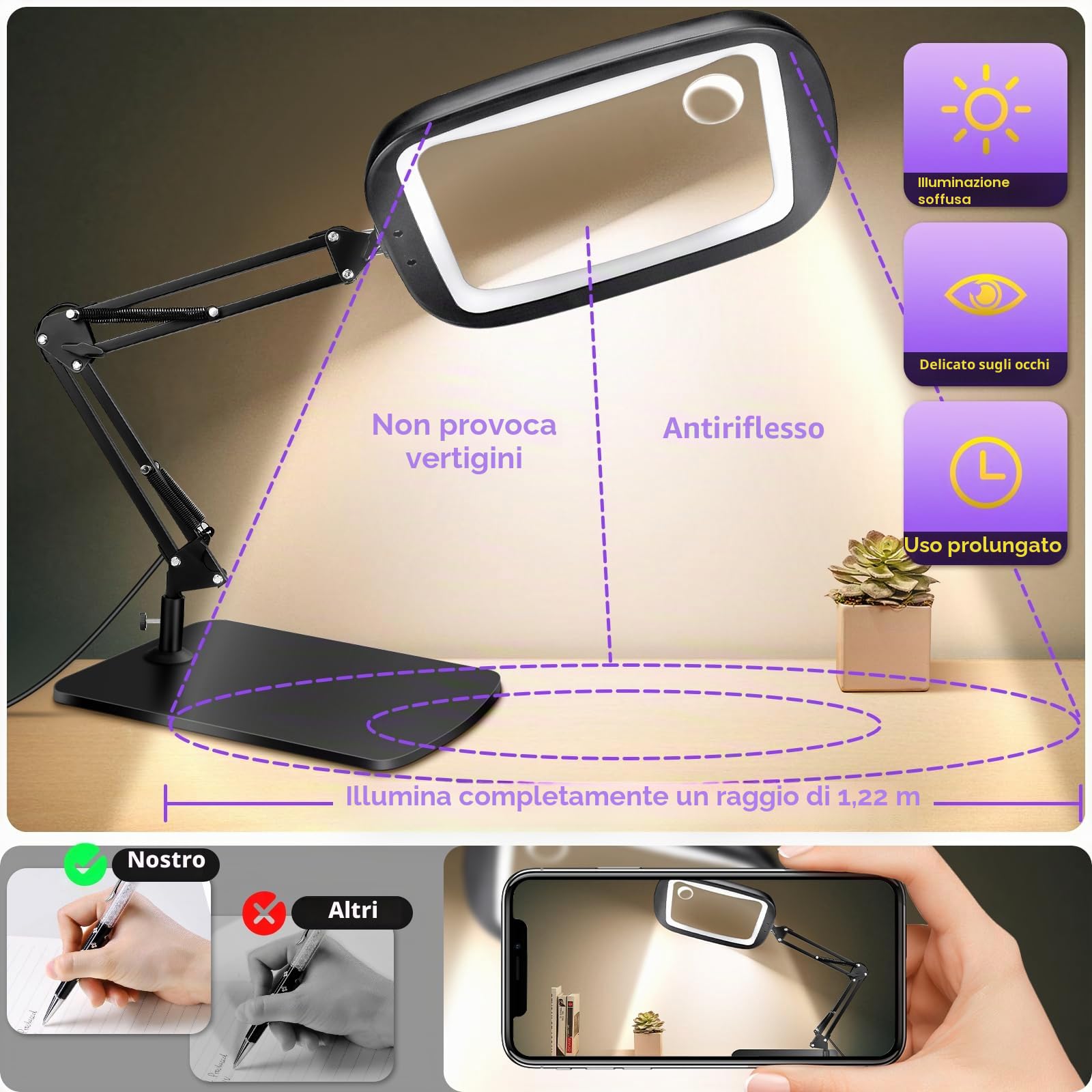 Lente di Ingrandimento con Luce LED 10X 30X, 5 Modalità Colore, Lampada da Scrivania per Lettura Hobby