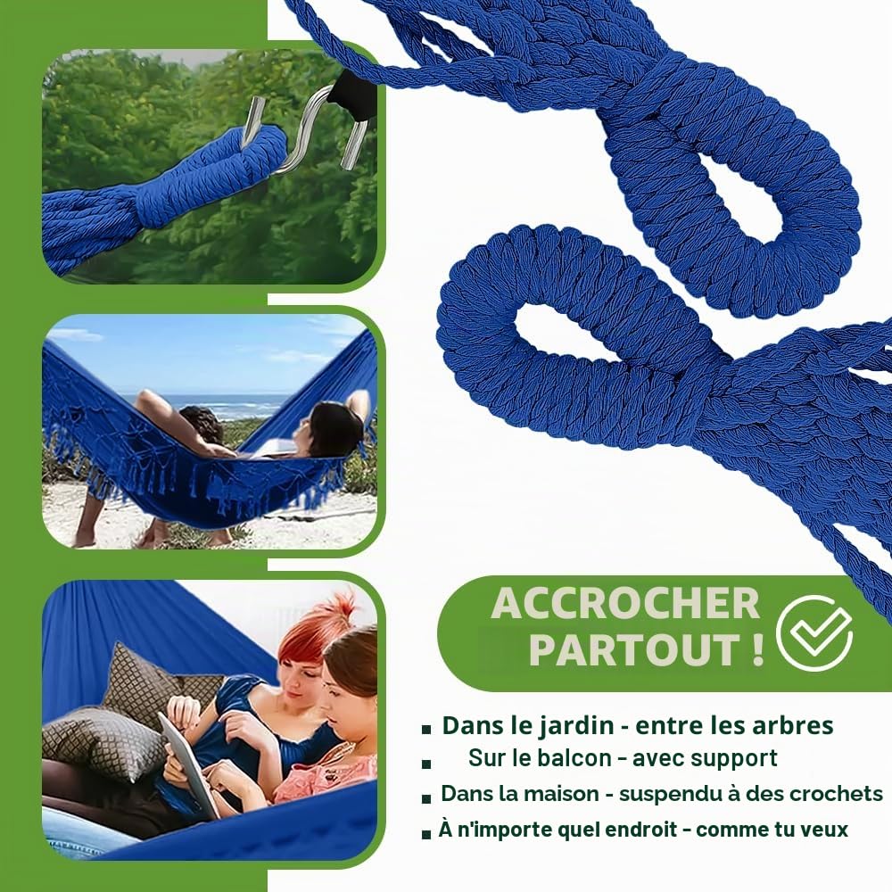 KRUMAD Hamac d'extérieur style bohème 190 x 150 cm, bleu, charge maximale : 120 kg, avec franges, sac de rangement et 2 cordes, en coton et polyester, pour jardin, balcon, terrasse, extérieur et