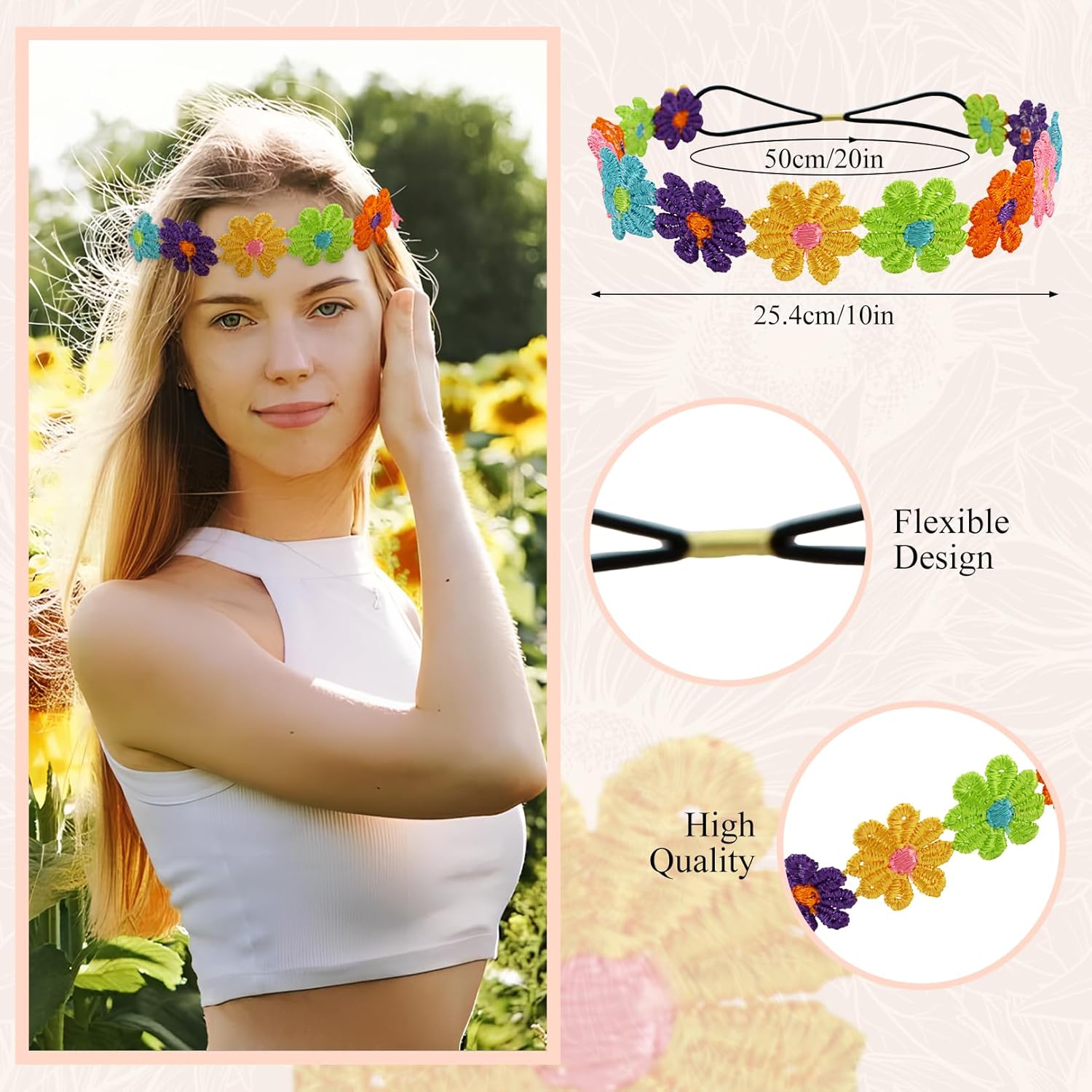 3 Pcs Hippie Costume Accessory for Women,70s Accessories Women Peace Sign Necklace,Headband Hair Wreath and Hippie Sunglasses Set,60s 70s Hippies Friends Gifts Disco Party Decorations Multicolored - Image 2