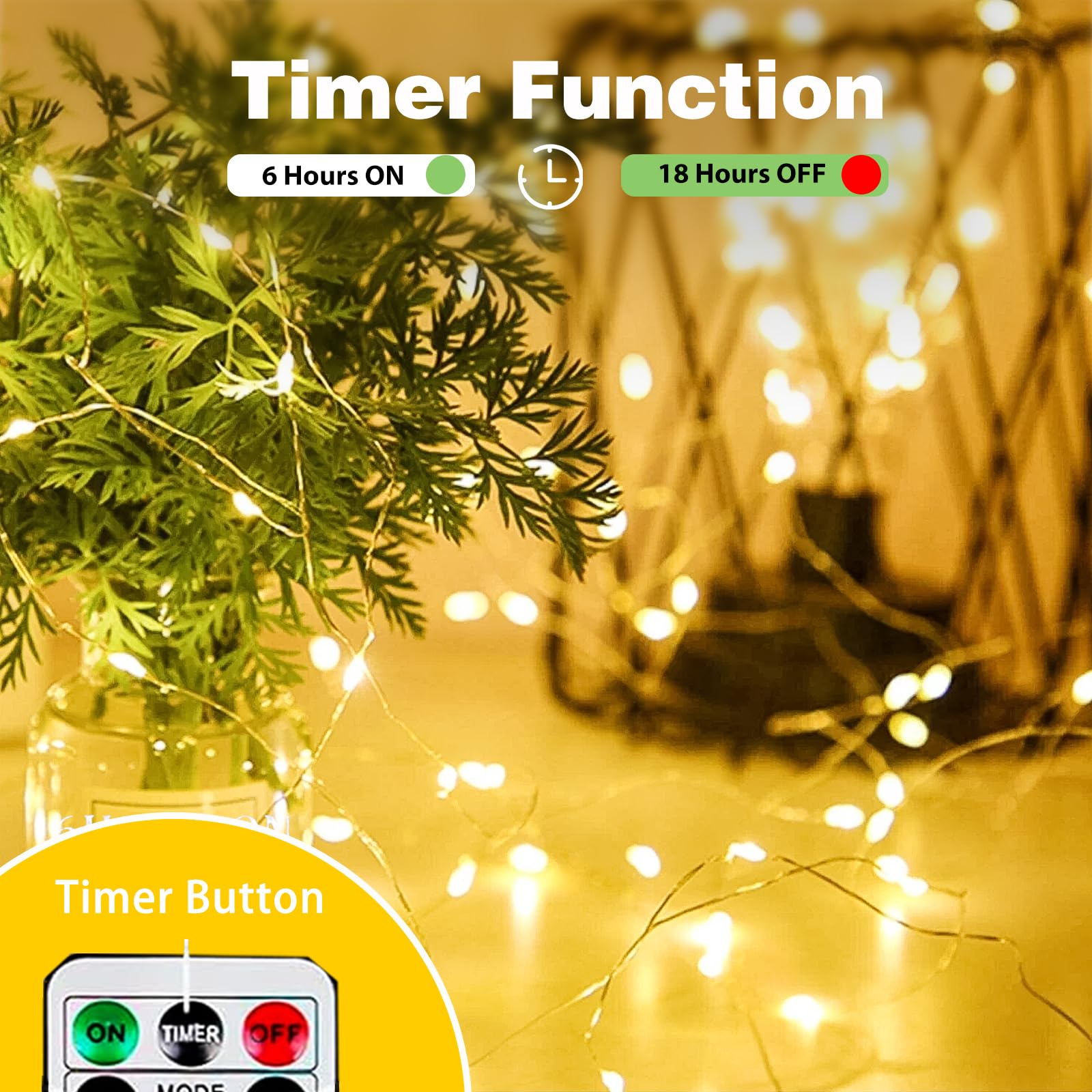 Paquete de 4 50 luces LED de hadas que funcionan con pilas con temporizador de control remoto, 16 pies, 50 luces LED para exteriores e interiores, 8 modos de luces parpadeantes para Navidad, boda